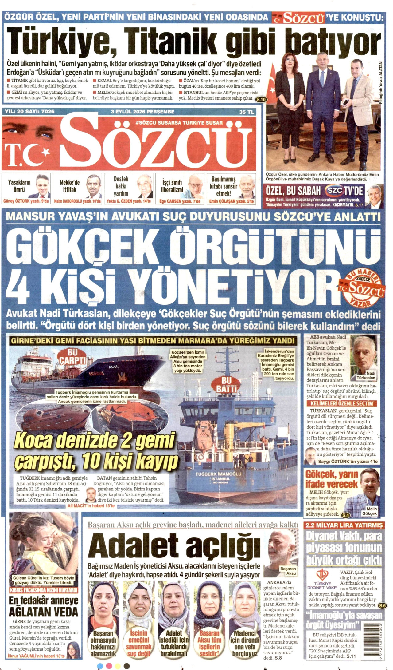 SÖZCÜ gazetesinin 3 Eylül 2026 tarihli birinci sayfası