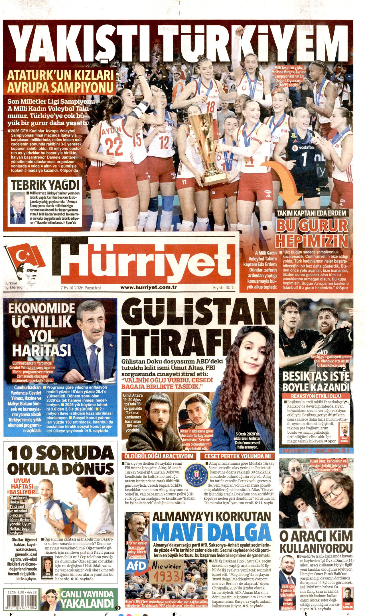 HÜRRİYET gazetesinin 7 Eylül 2026 tarihli birinci sayfası