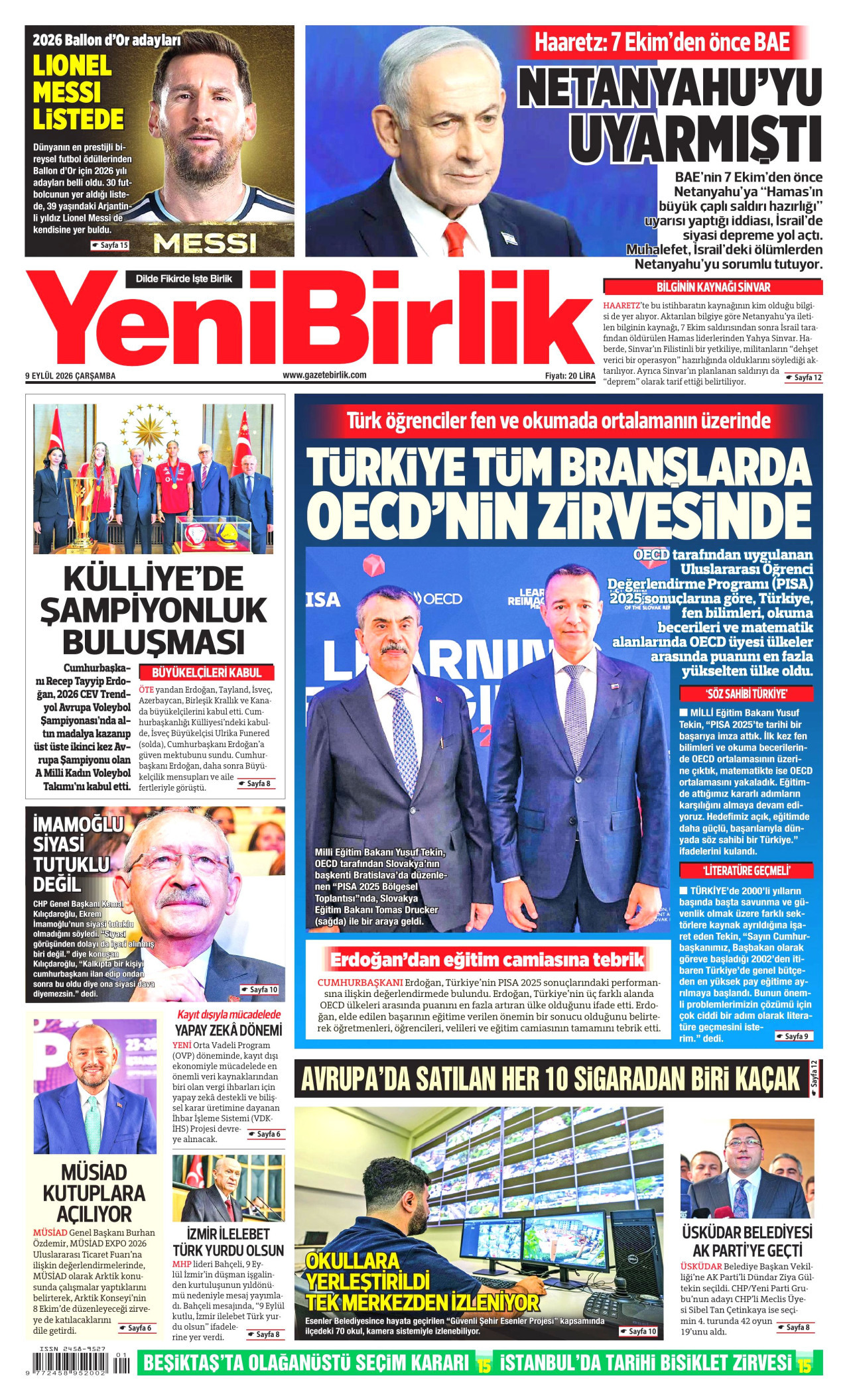 YENİBİRLİK gazetesinin 9 Eylül 2026 tarihli birinci sayfası