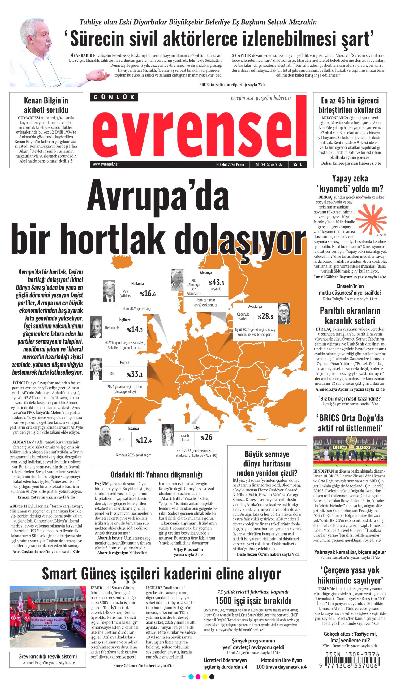 EVRENSEL gazetesinin 13 Eylül 2026 tarihli birinci sayfası