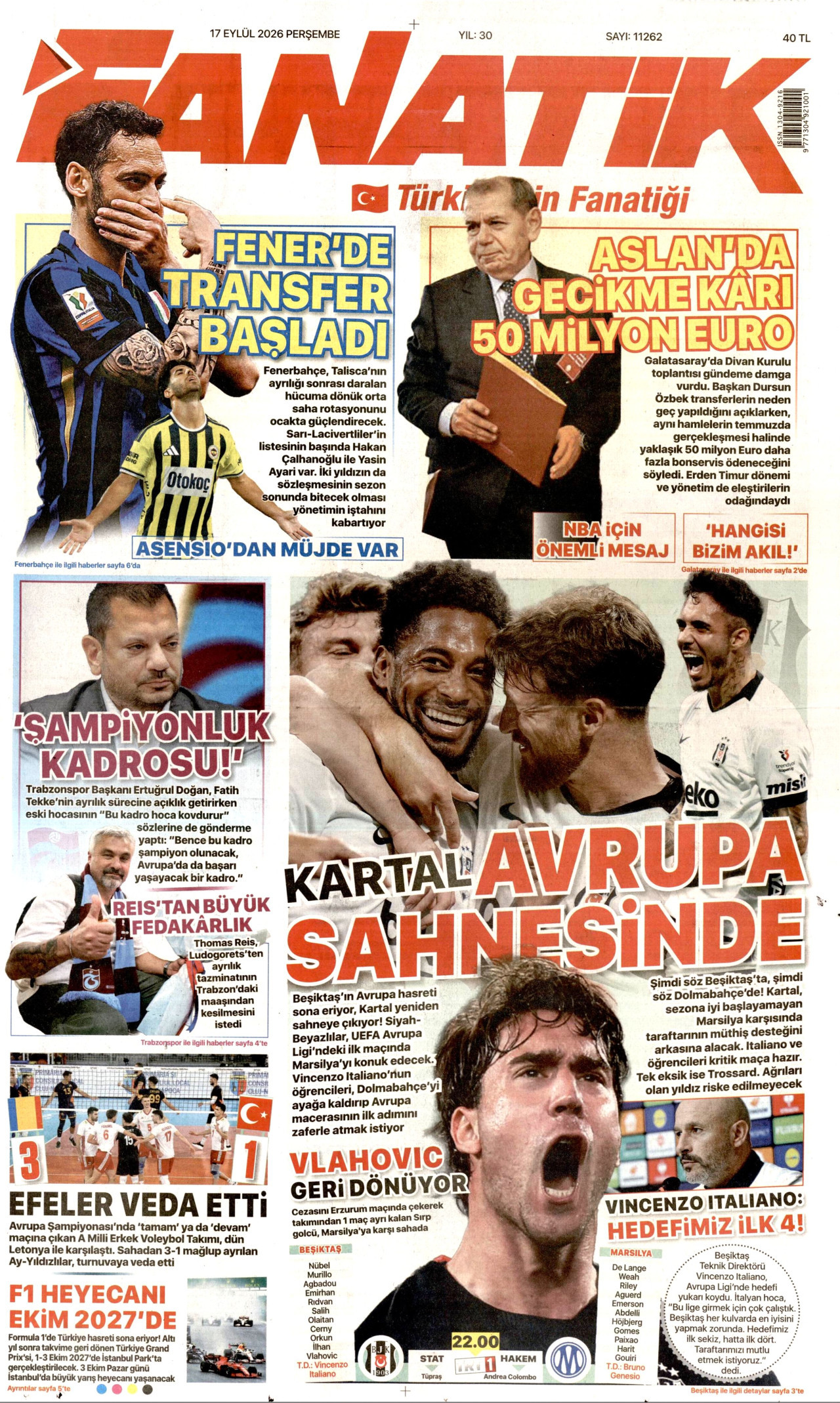 FANATİK gazetesinin 17 Eylül 2026 tarihli birinci sayfası