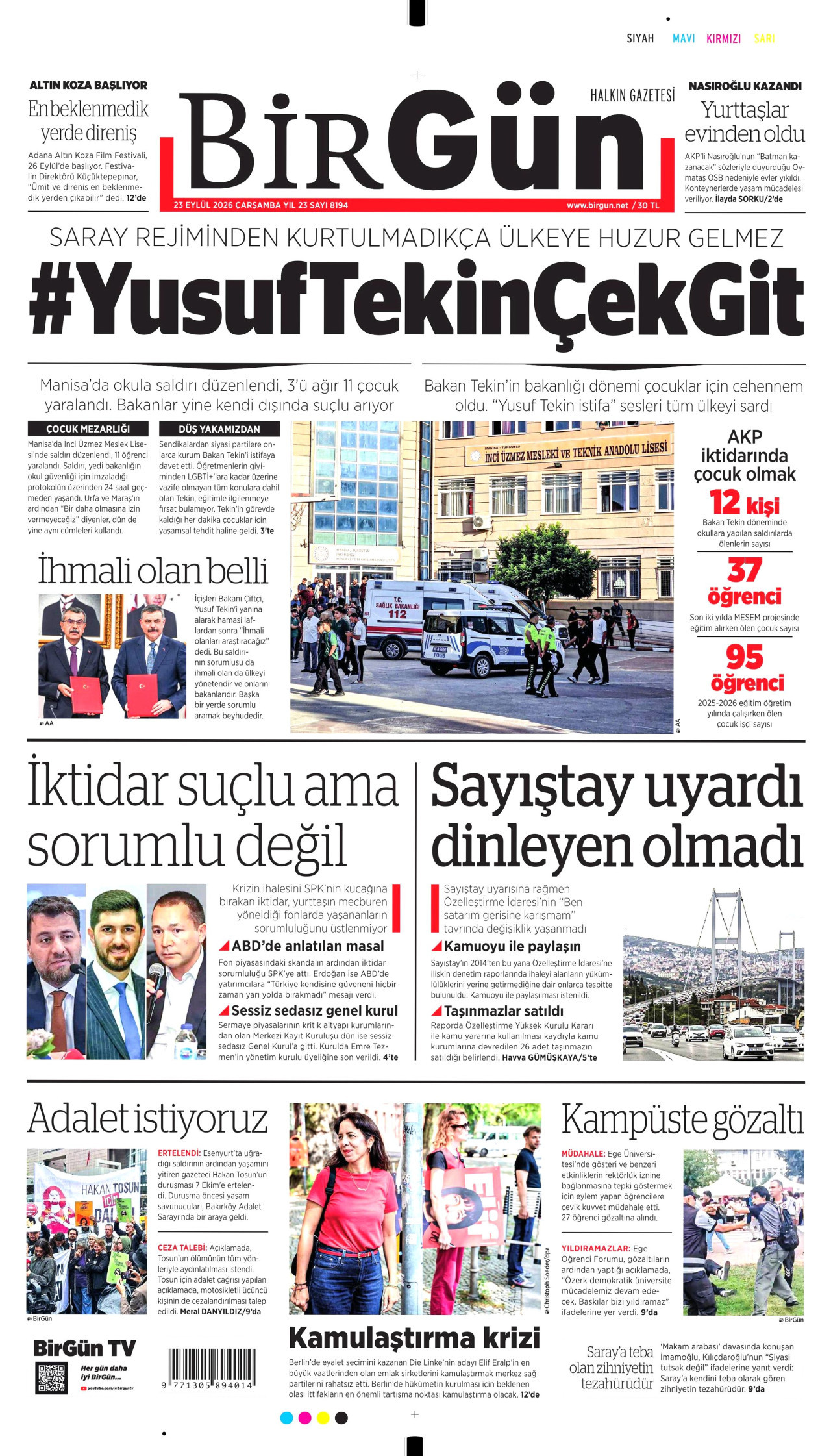 BİRGÜN gazetesinin 23 Eylül 2026 tarihli birinci sayfası