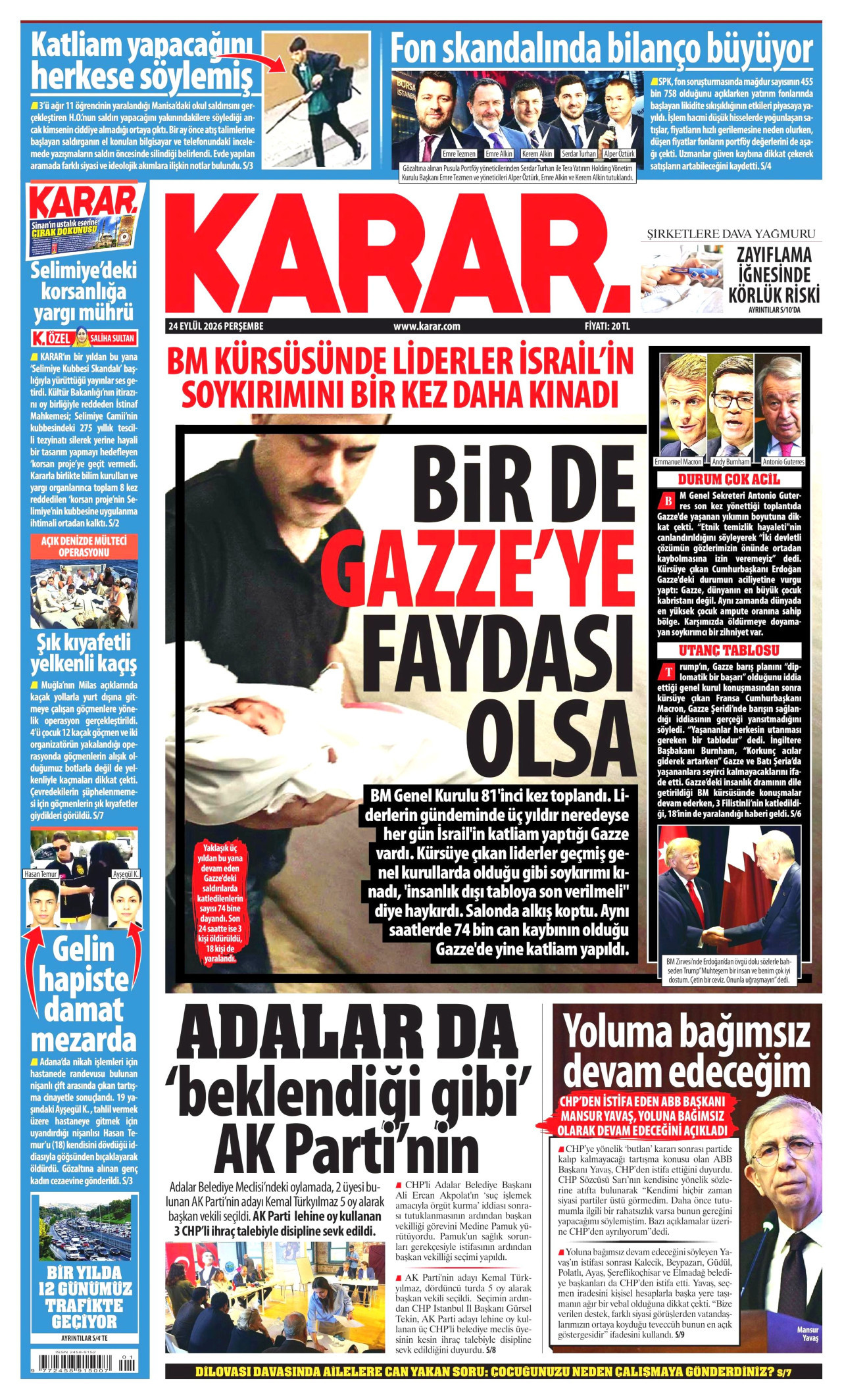 KARAR gazetesinin 24 Eylül 2026 tarihli birinci sayfası