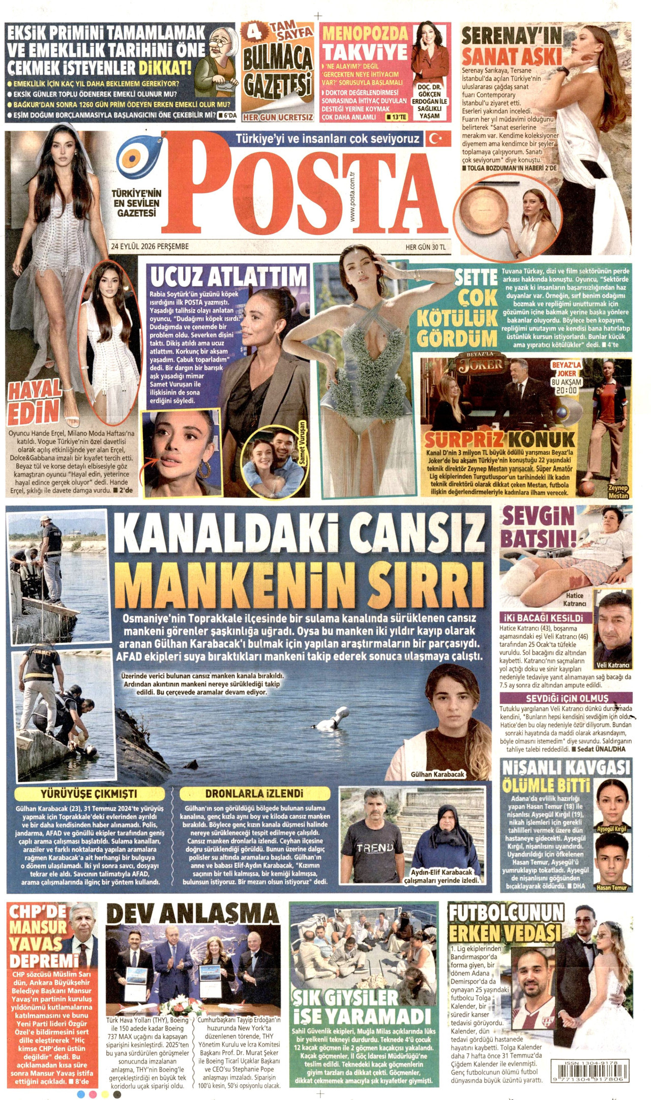 POSTA gazetesinin 24 Eylül 2026 tarihli birinci sayfası
