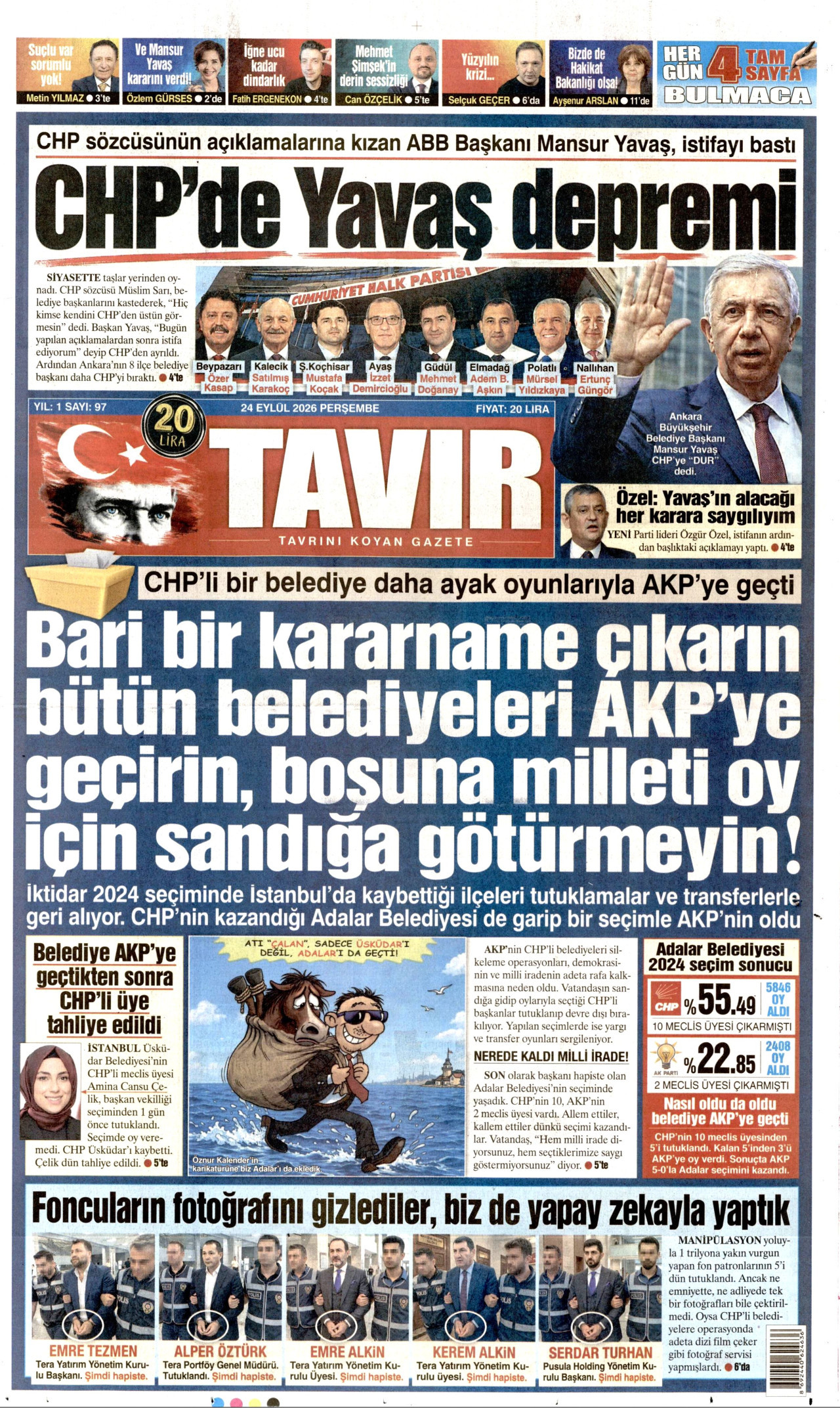 TAVIR GAZETESİ gazetesinin 24 Eylül 2026 tarihli birinci sayfası