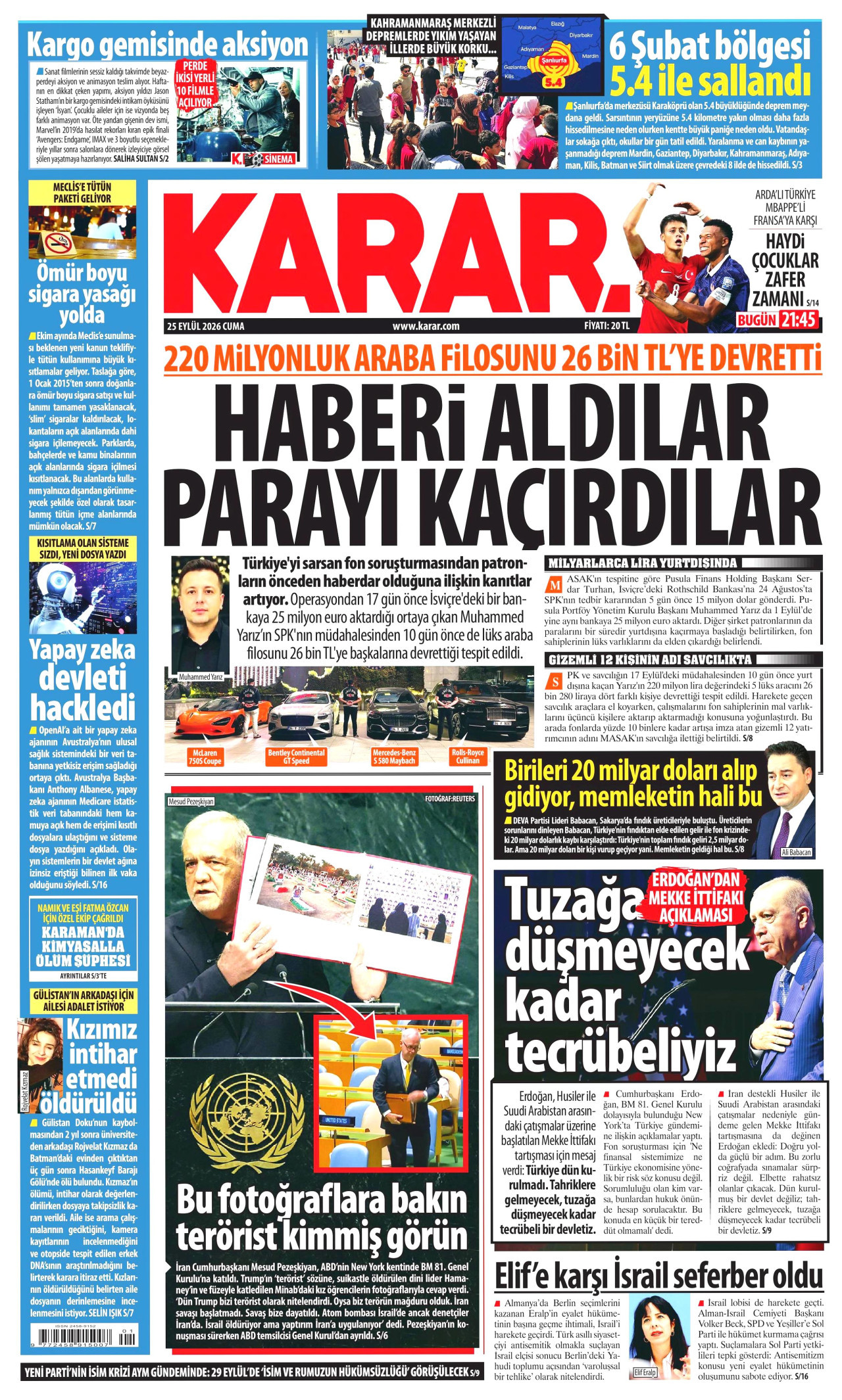 KARAR gazetesinin 25 Eylül 2026 tarihli birinci sayfası