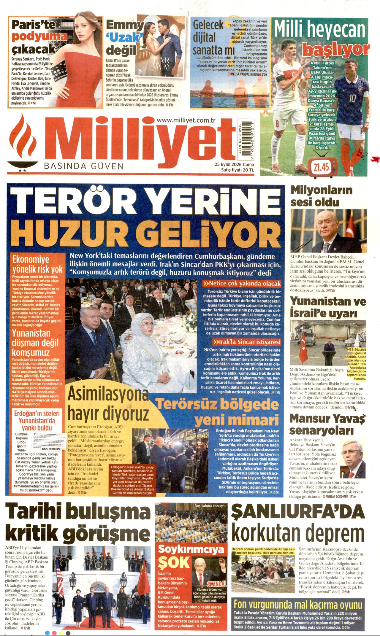 MİLLİYET gazetesinin 25 Eylül 2026 tarihli birinci sayfası