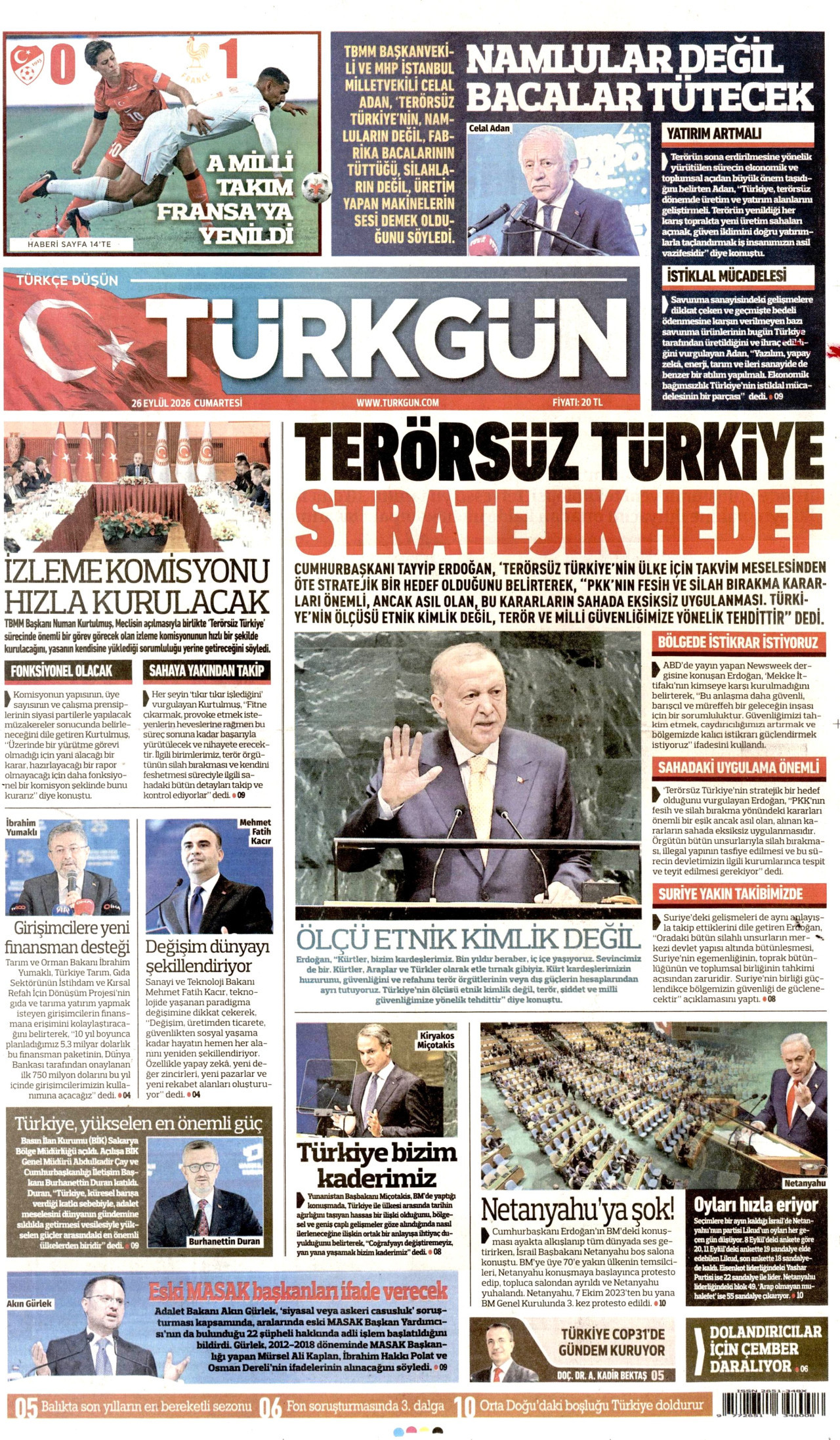 TÜRKGÜN gazetesinin 26 Eylül 2026 tarihli birinci sayfası