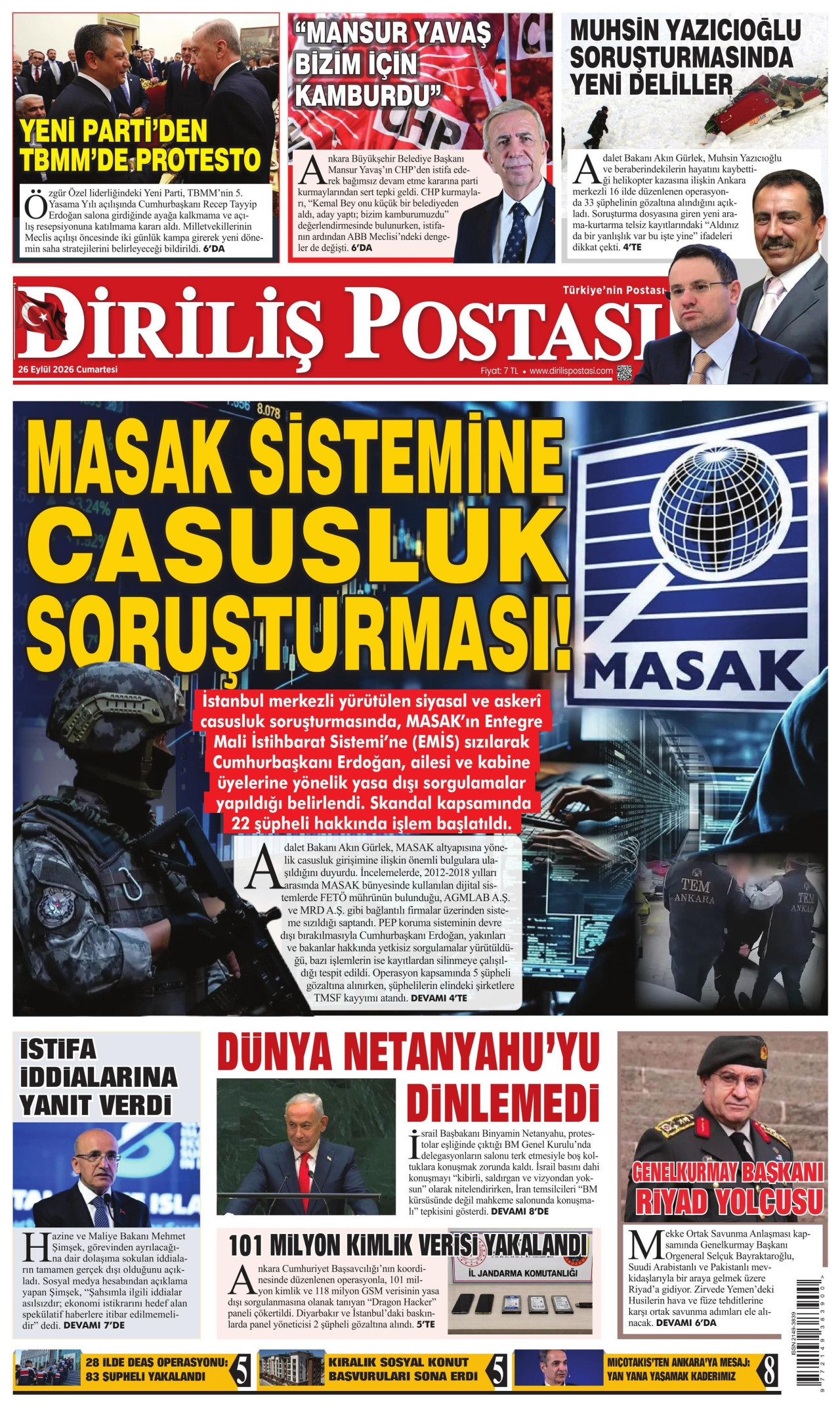 DİRİLİŞ POSTASI gazetesinin 26 Eylül 2026 tarihli birinci sayfası