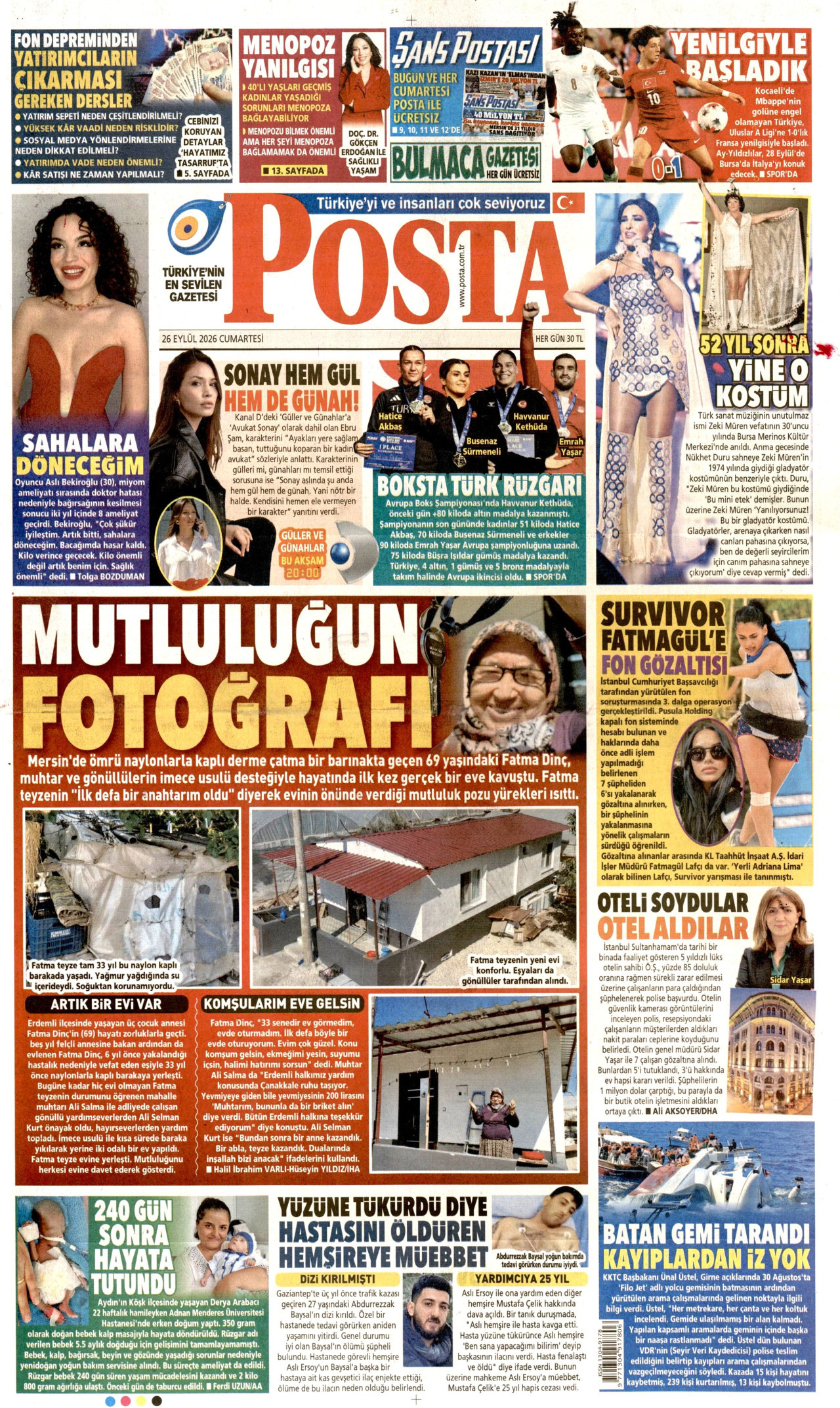 POSTA gazetesinin 26 Eylül 2026 tarihli birinci sayfası