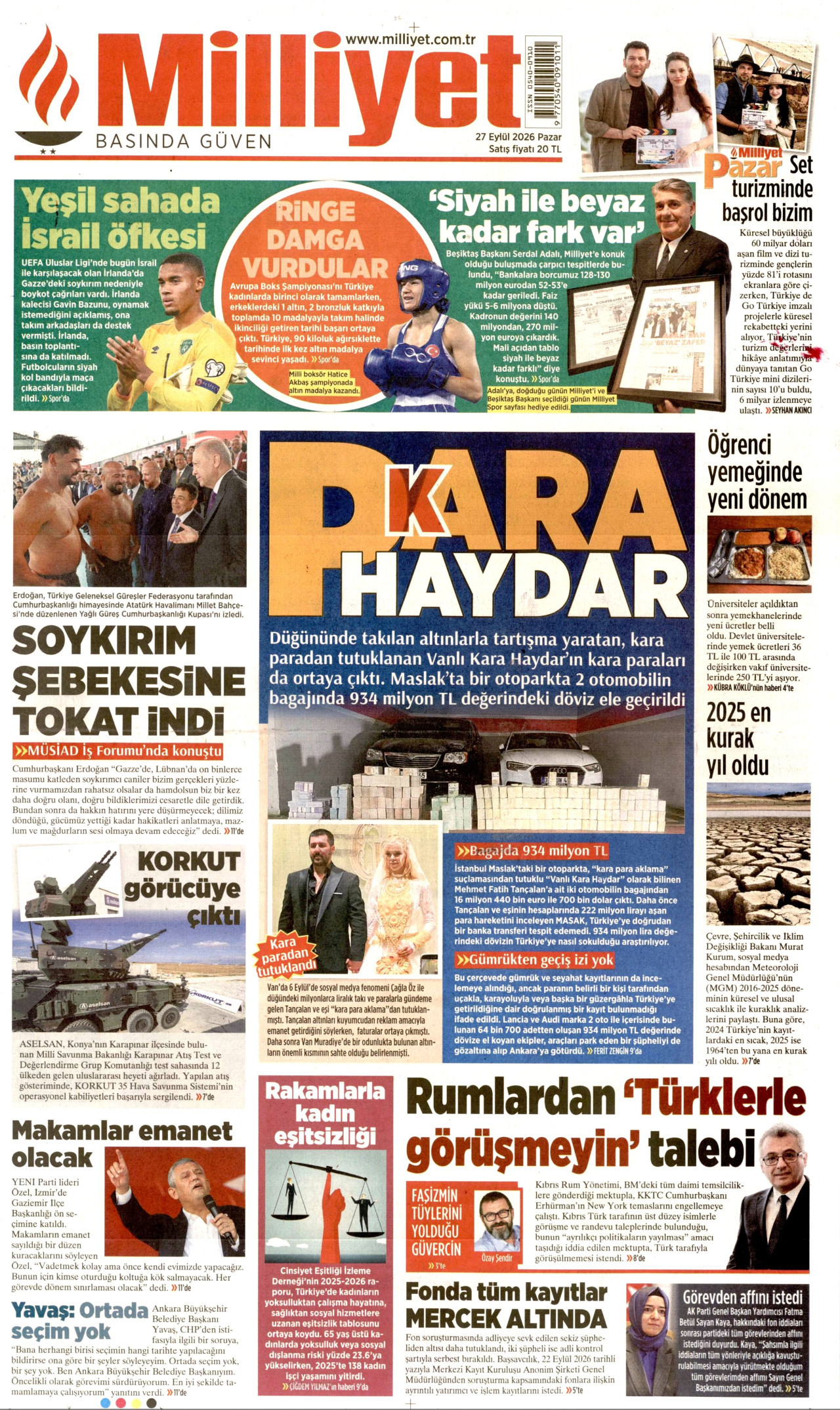 MİLLİYET gazetesinin 27 Eylül 2026 tarihli birinci sayfası