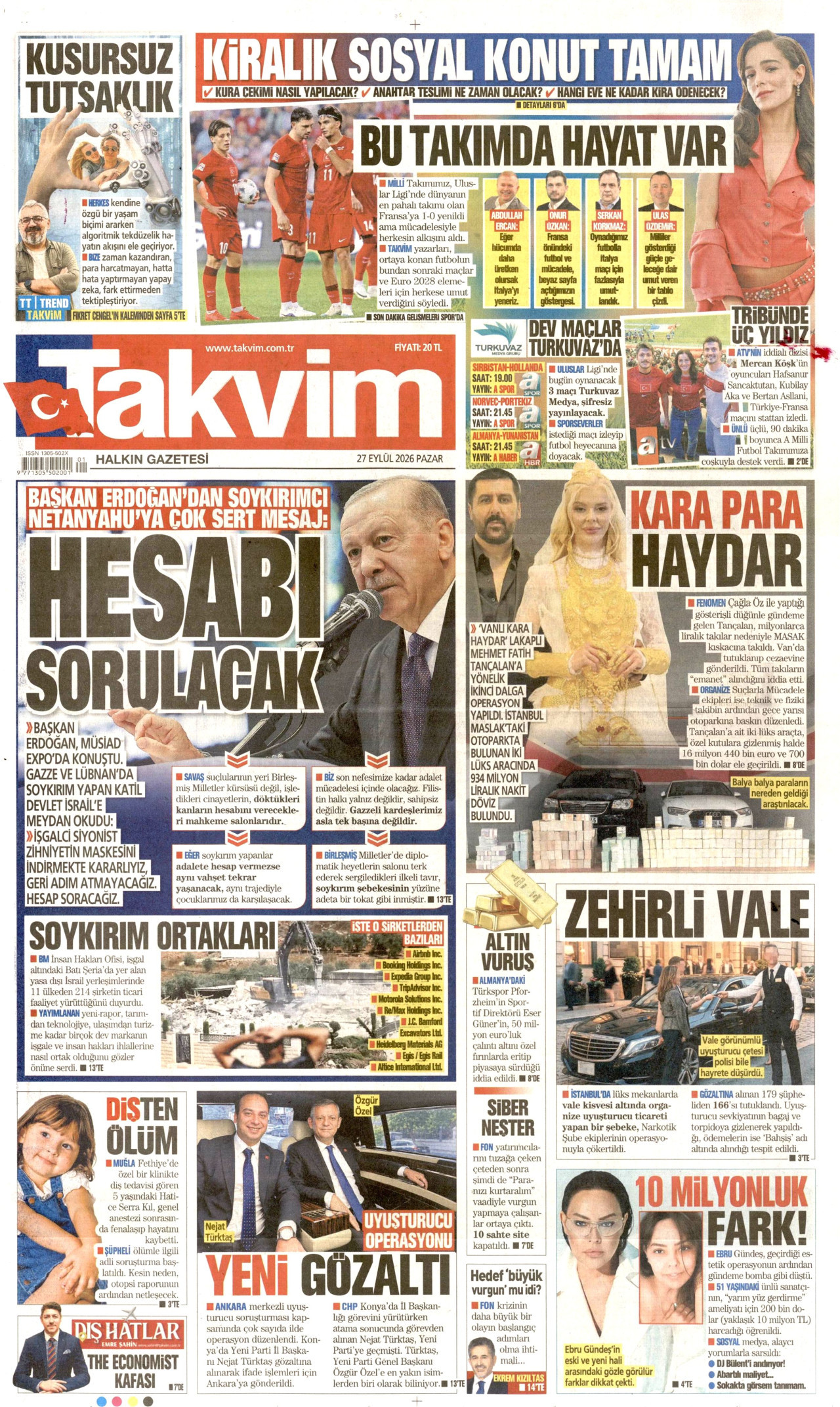 TAKVİM gazetesinin 27 Eylül 2026 tarihli birinci sayfası