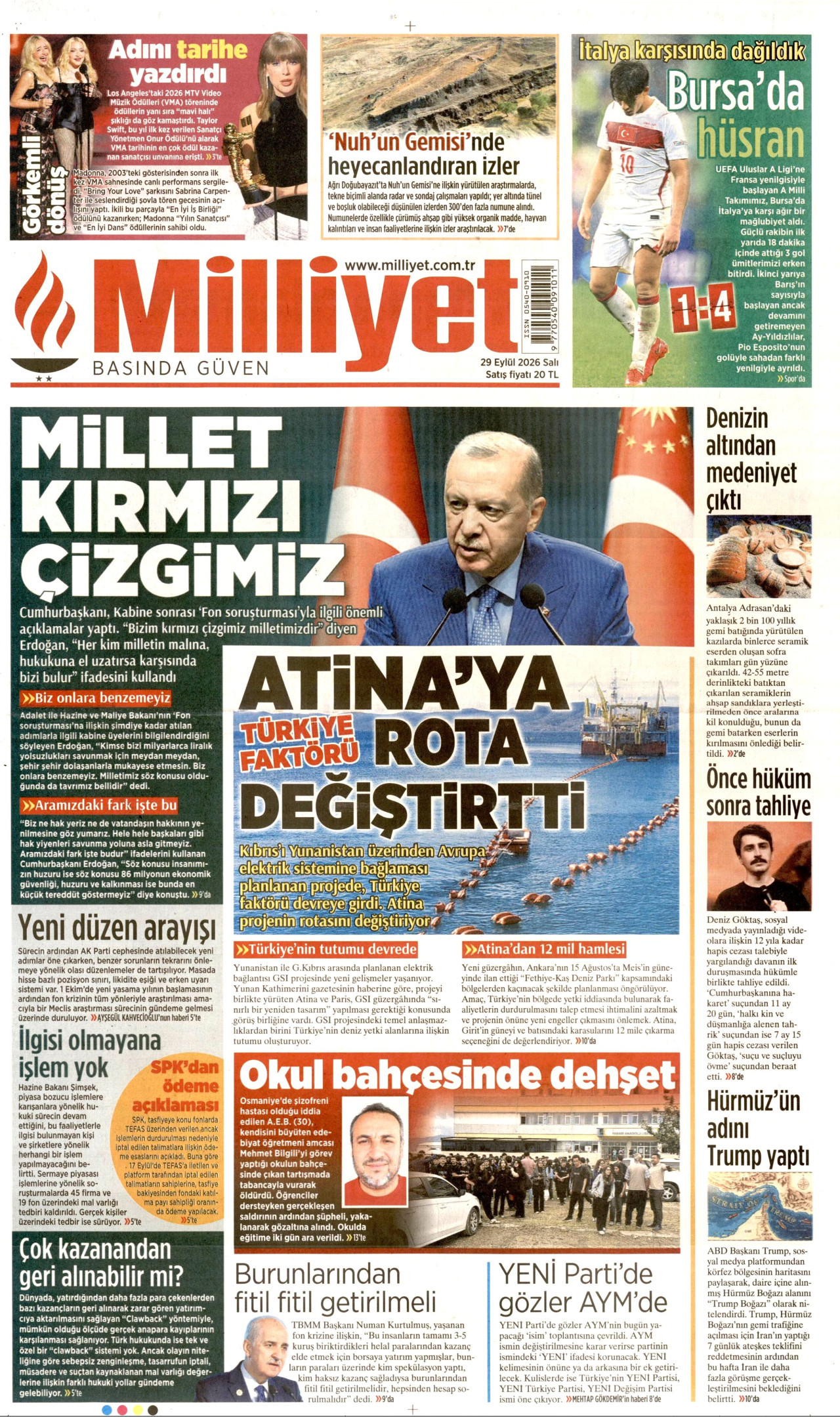 MİLLİYET gazetesinin 29 Eylül 2026 tarihli birinci sayfası