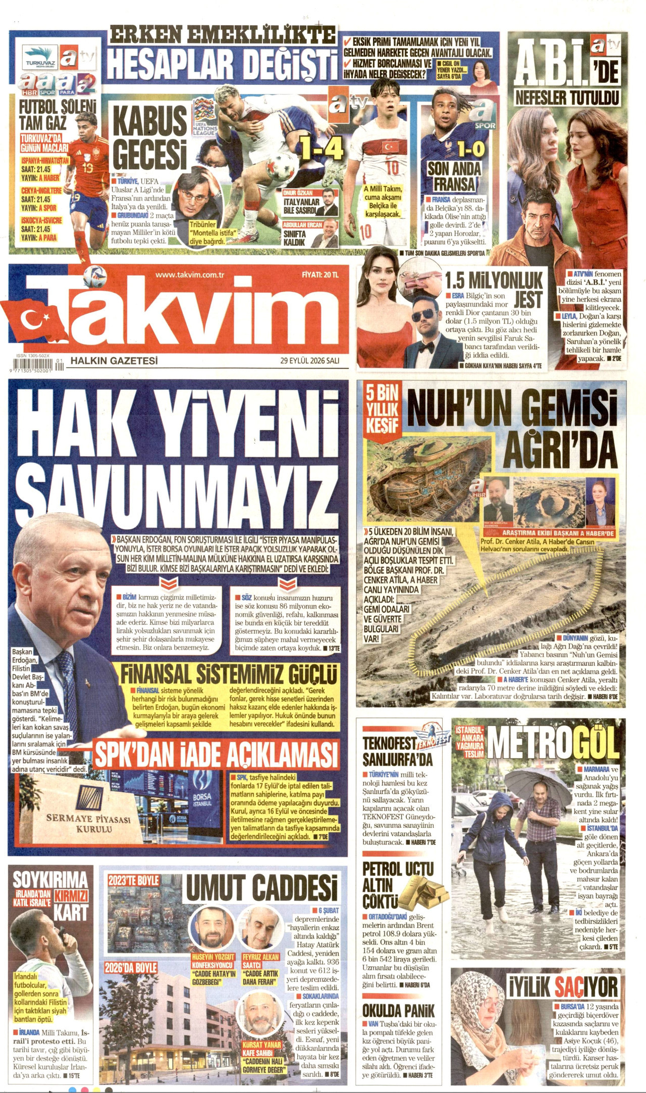 TAKVİM gazetesinin 29 Eylül 2026 tarihli birinci sayfası