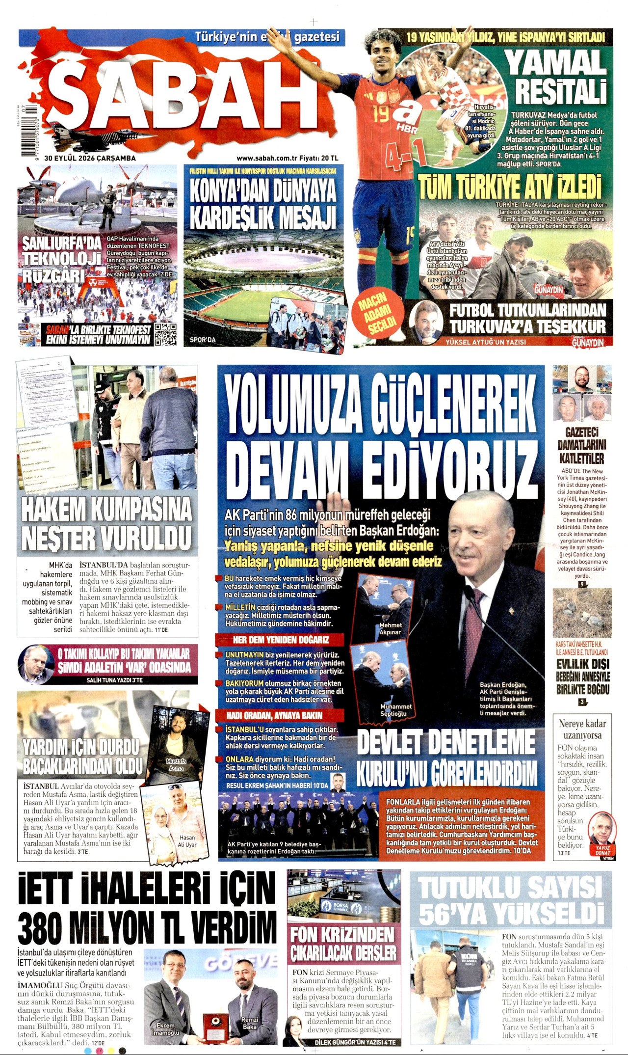 SABAH gazetesinin 30 Eylül 2026 tarihli birinci sayfası