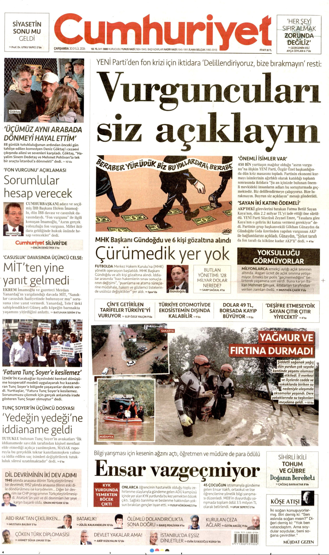 CUMHURİYET gazetesinin 30 Eylül 2026 tarihli birinci sayfası