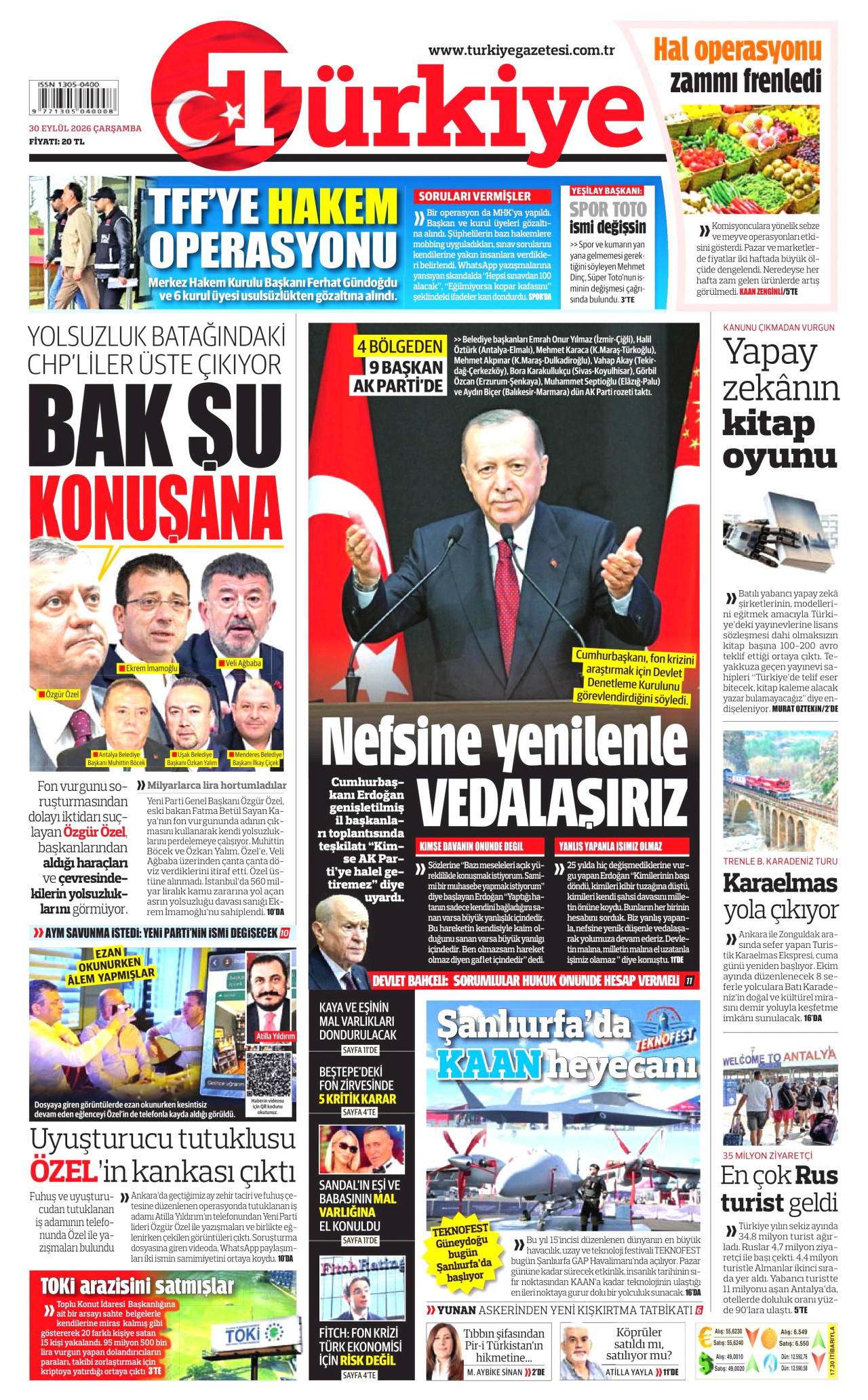 TÜRKİYE GAZETESİ gazetesinin 30 Eylül 2026 tarihli birinci sayfası