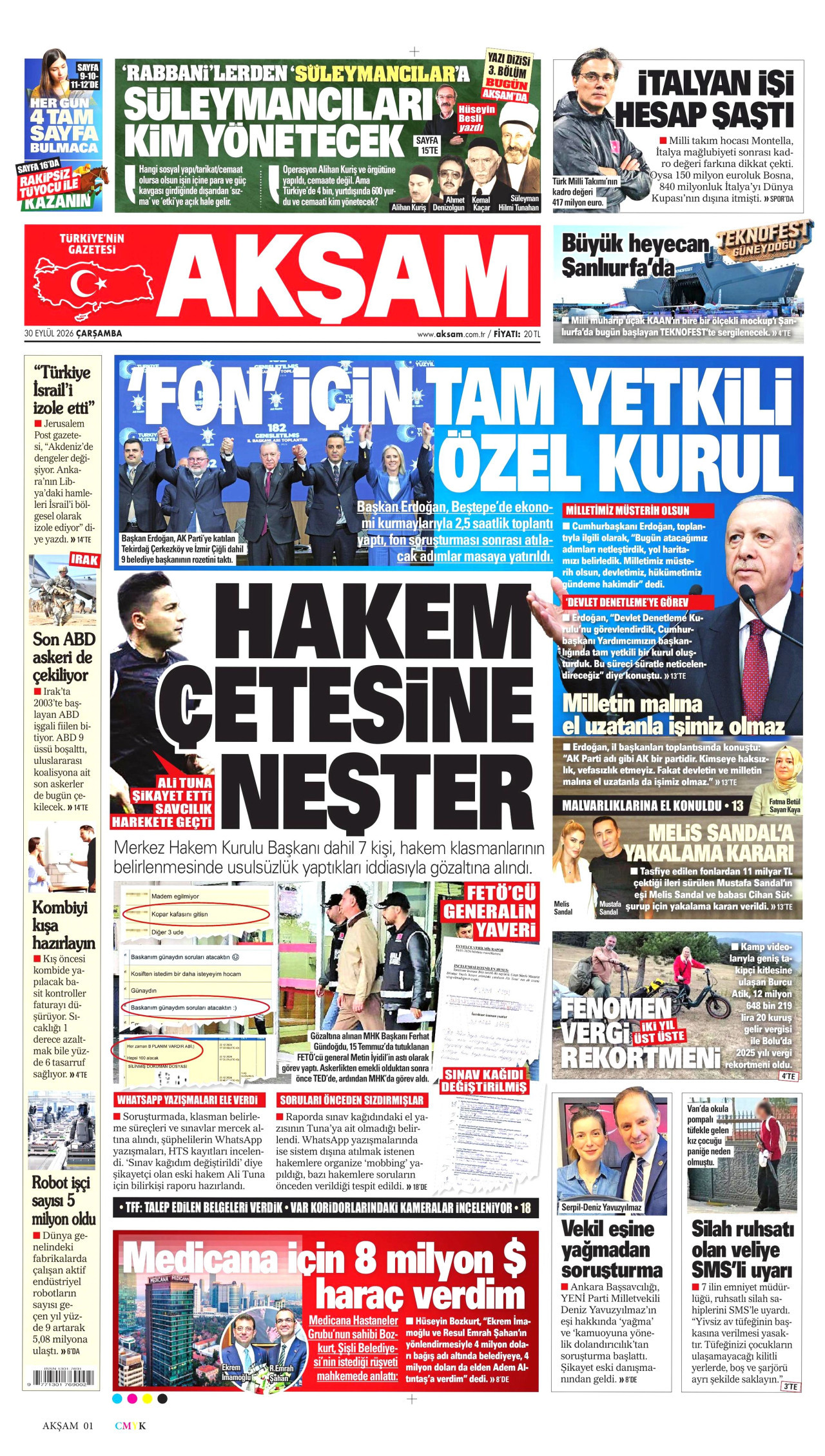 AKŞAM gazetesinin 30 Eylül 2026 tarihli birinci sayfası