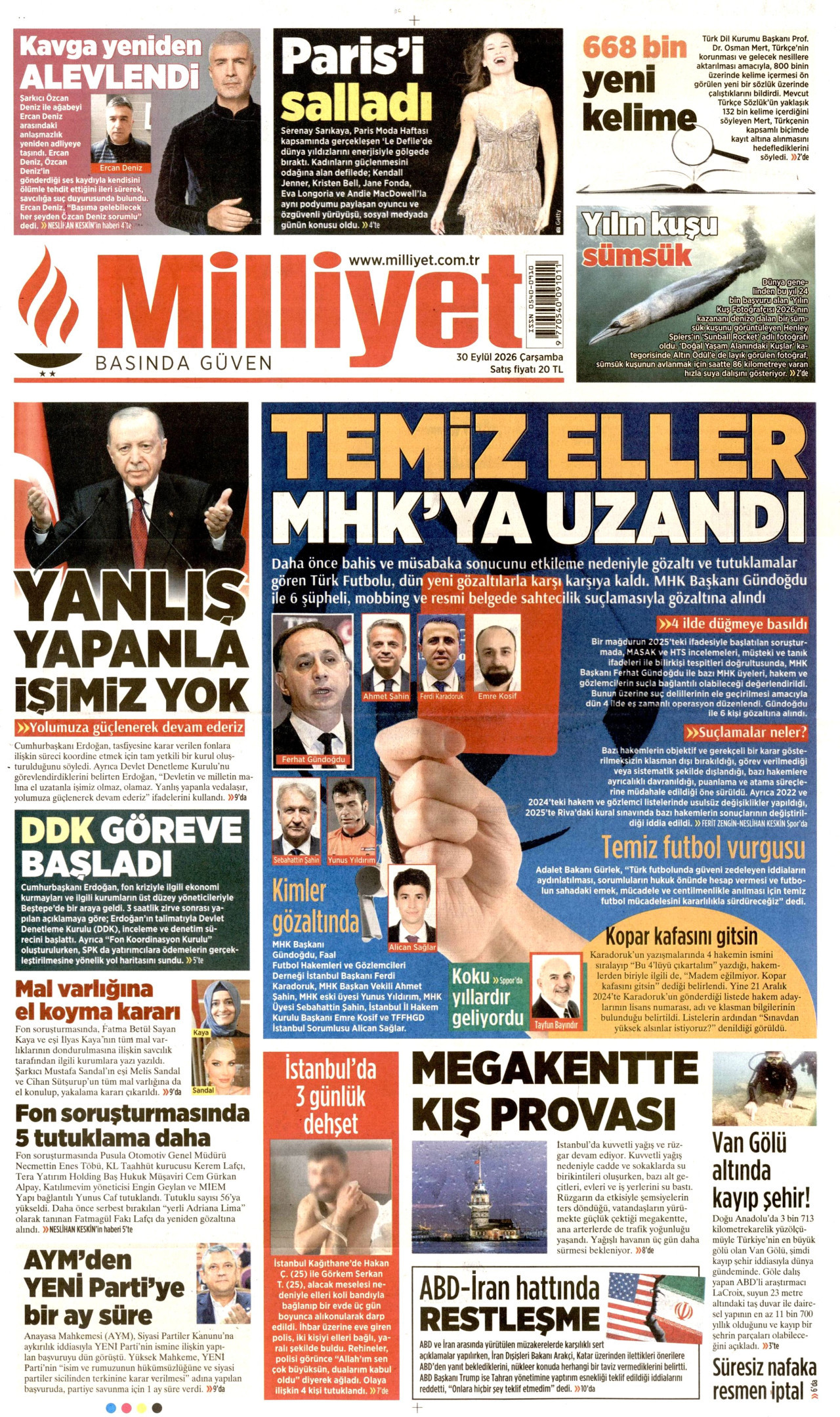 MİLLİYET gazetesinin 30 Eylül 2026 tarihli birinci sayfası