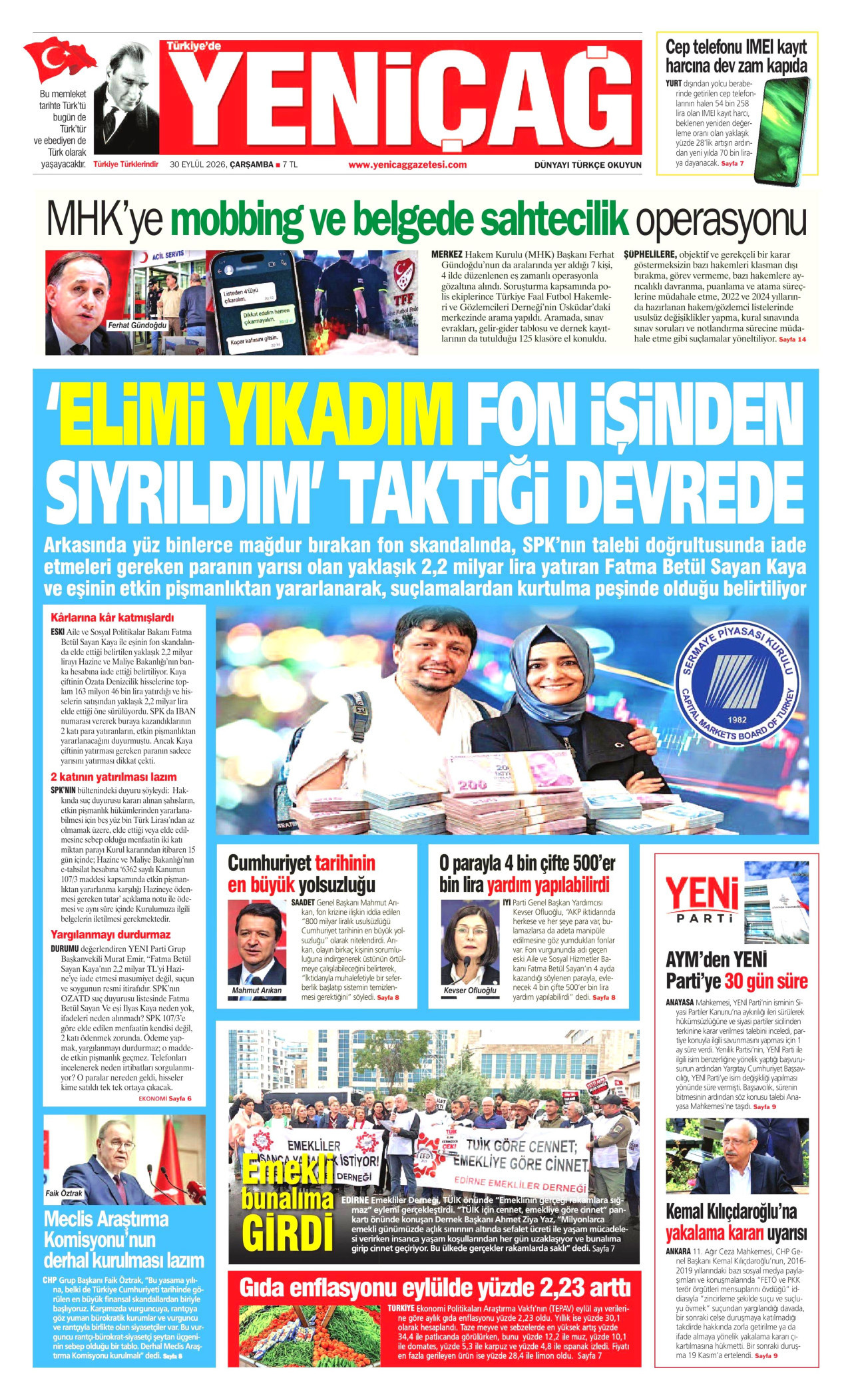 YENİÇAĞ gazetesinin 30 Eylül 2026 tarihli birinci sayfası