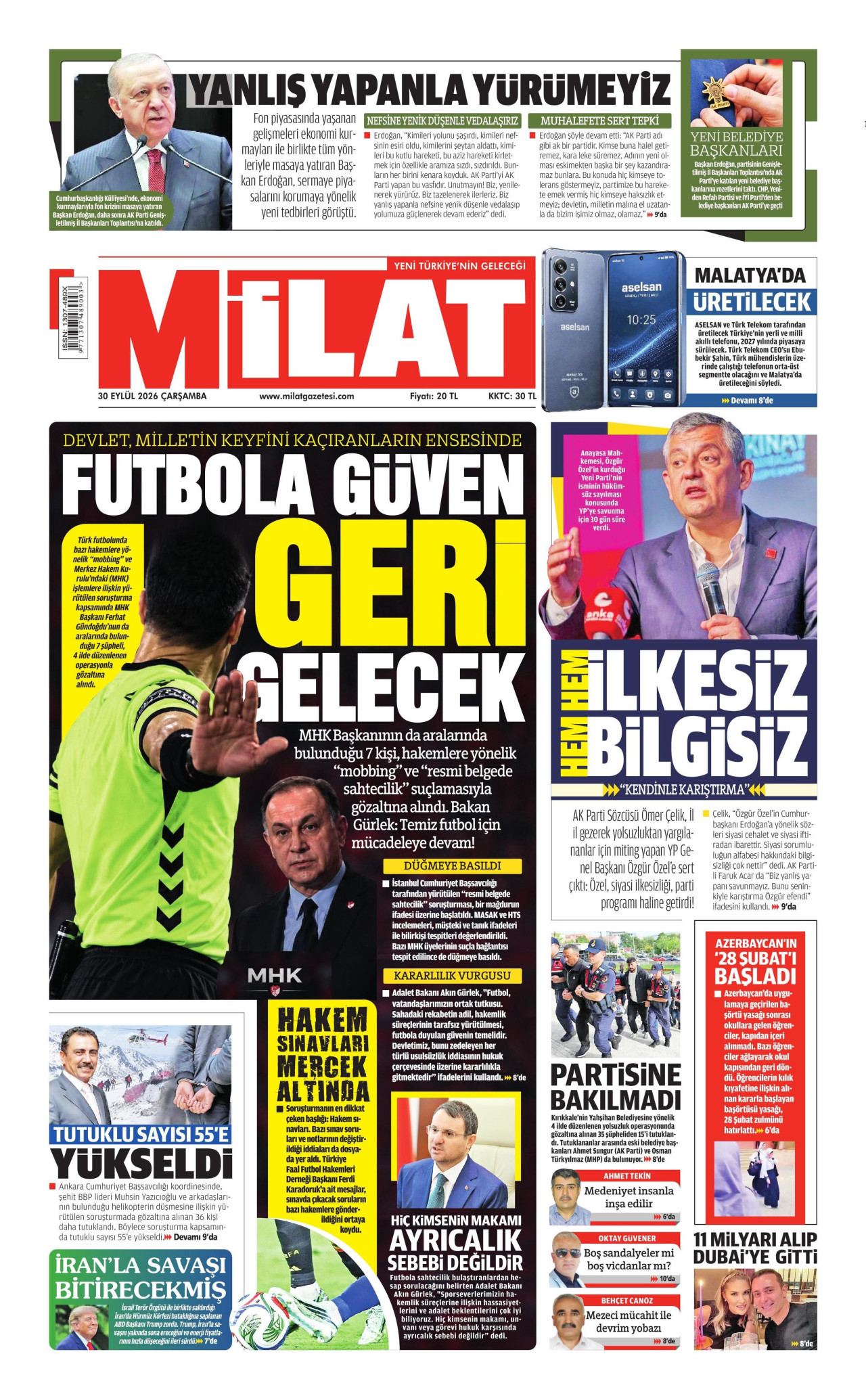 MİLAT gazetesinin 30 Eylül 2026 tarihli birinci sayfası