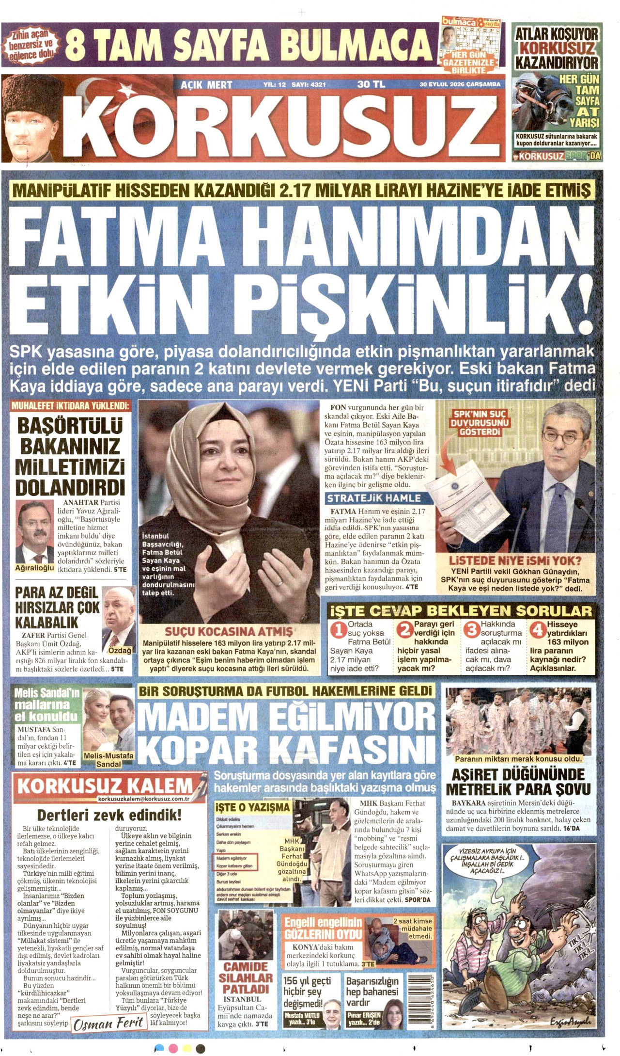 KORKUSUZ gazetesinin 30 Eylül 2026 tarihli birinci sayfası
