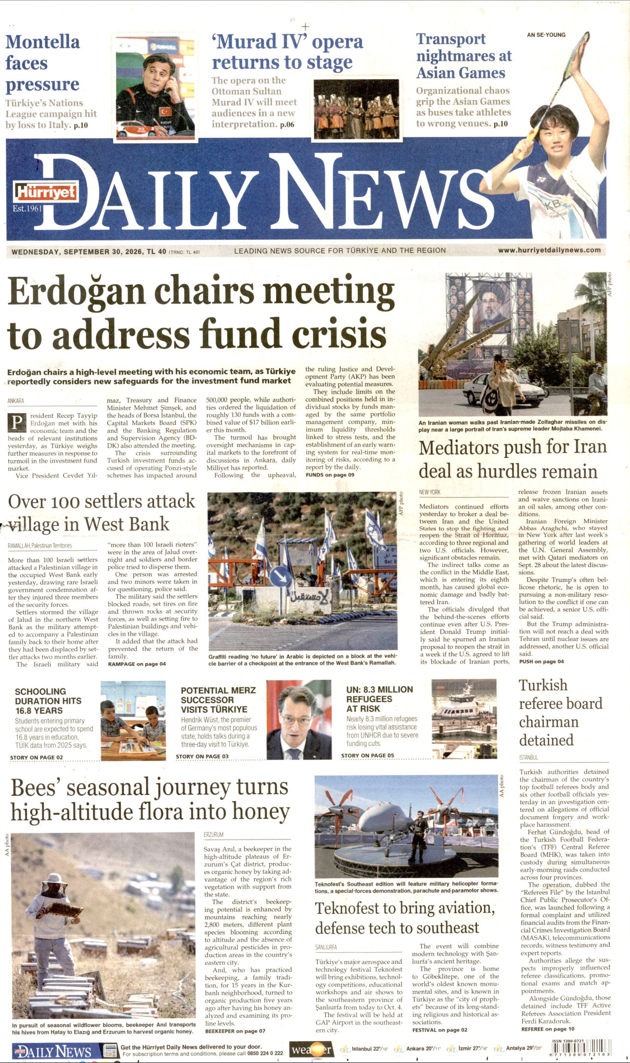 HÜRRİYET DAİLY NEWS gazetesinin 30 Eylül 2026 tarihli birinci sayfası