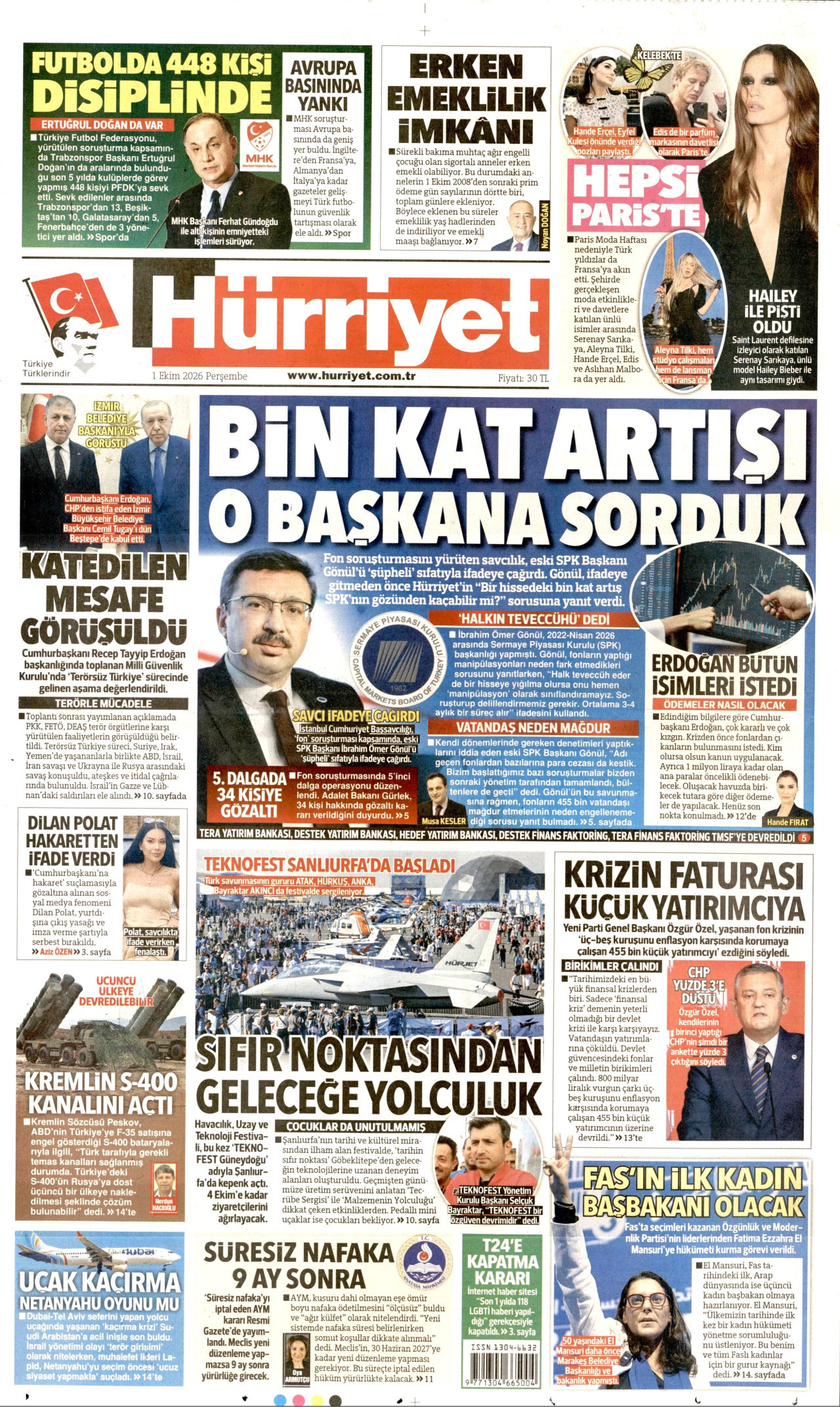 HÜRRİYET gazetesinin 1 Ekim 2026 tarihli birinci sayfası