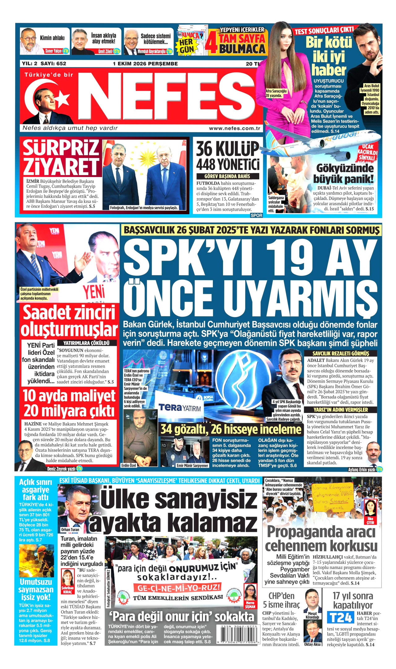 NEFES gazetesinin 1 Ekim 2026 tarihli birinci sayfası