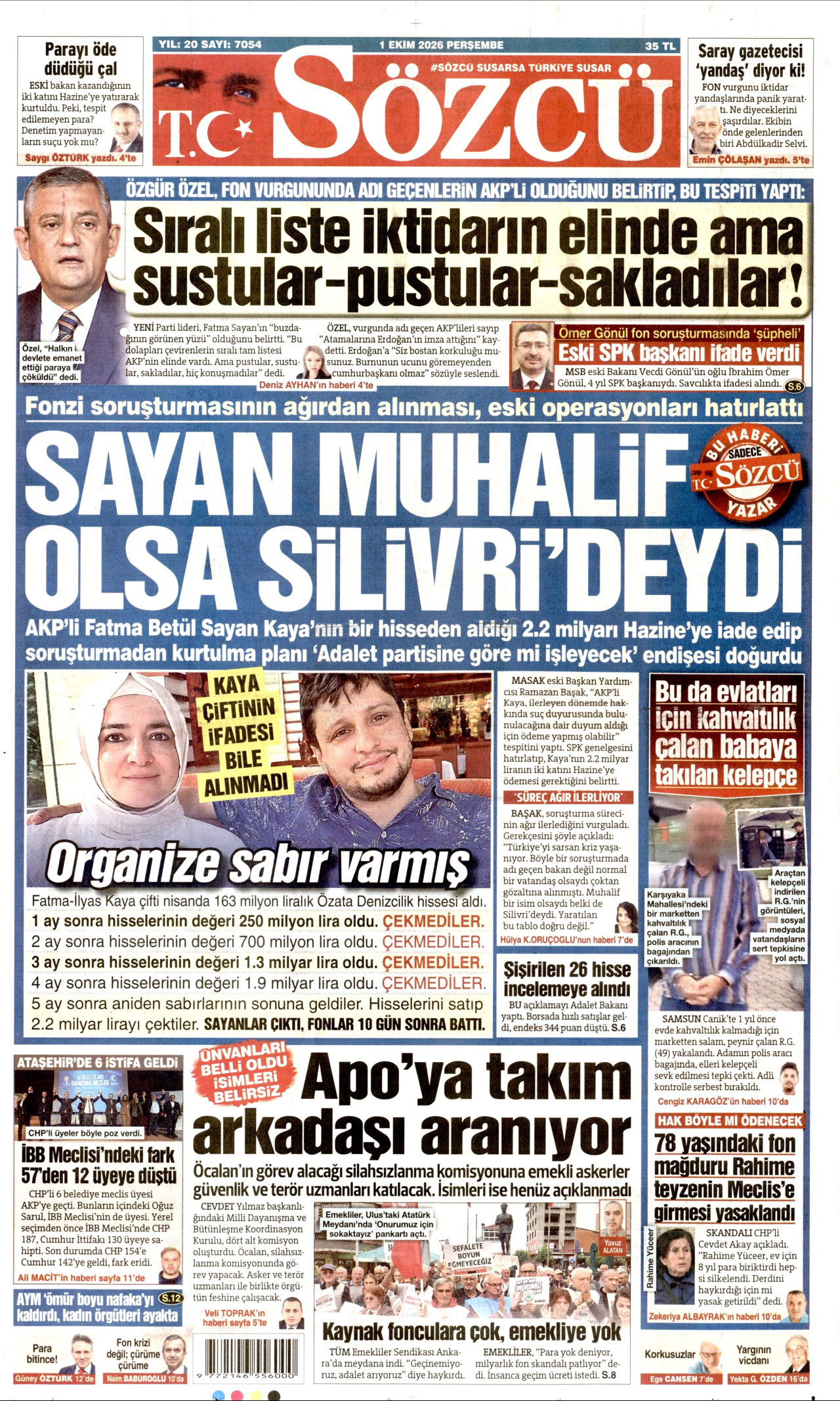SÖZCÜ gazetesinin 1 Ekim 2026 tarihli birinci sayfası