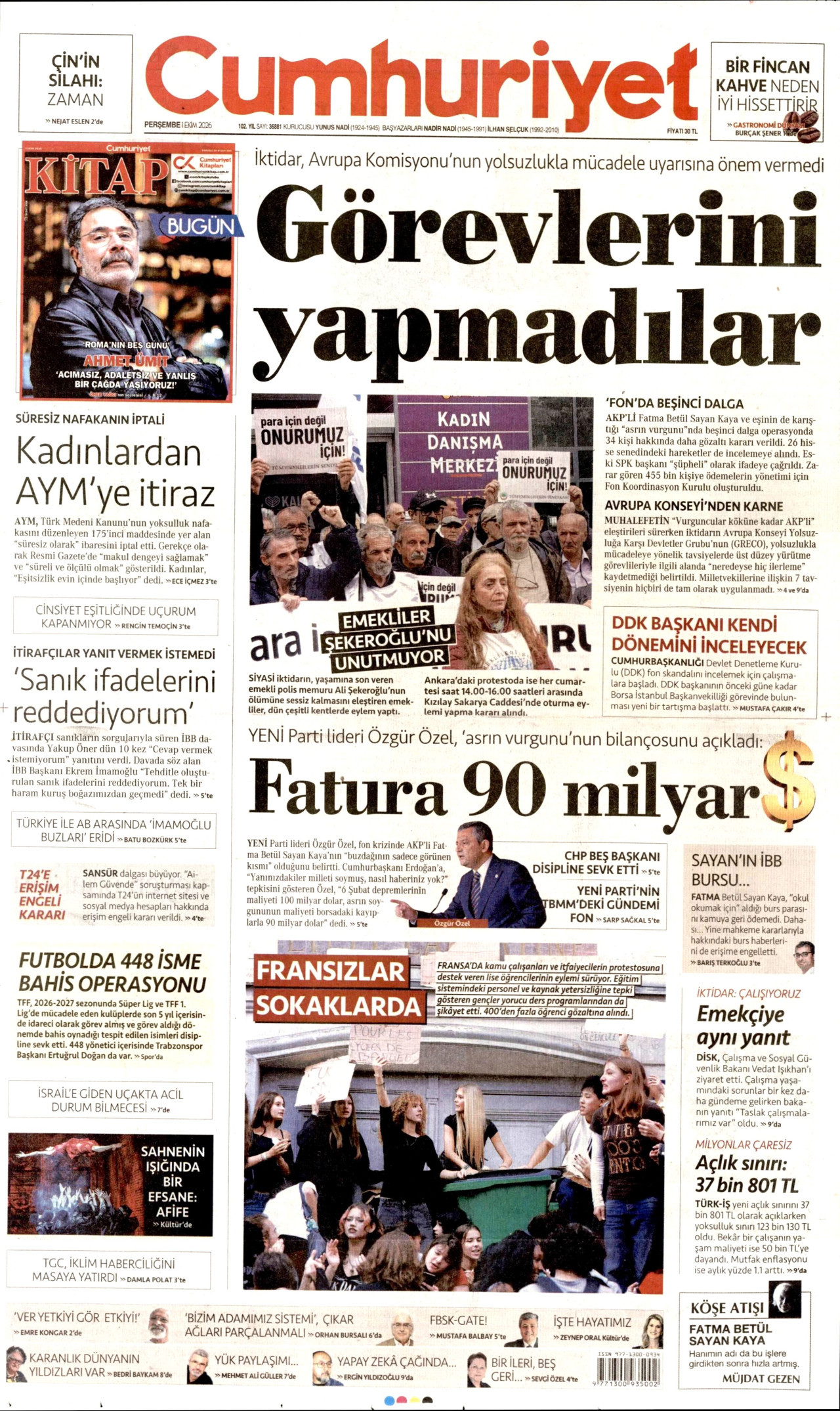 CUMHURİYET gazetesinin 1 Ekim 2026 tarihli birinci sayfası