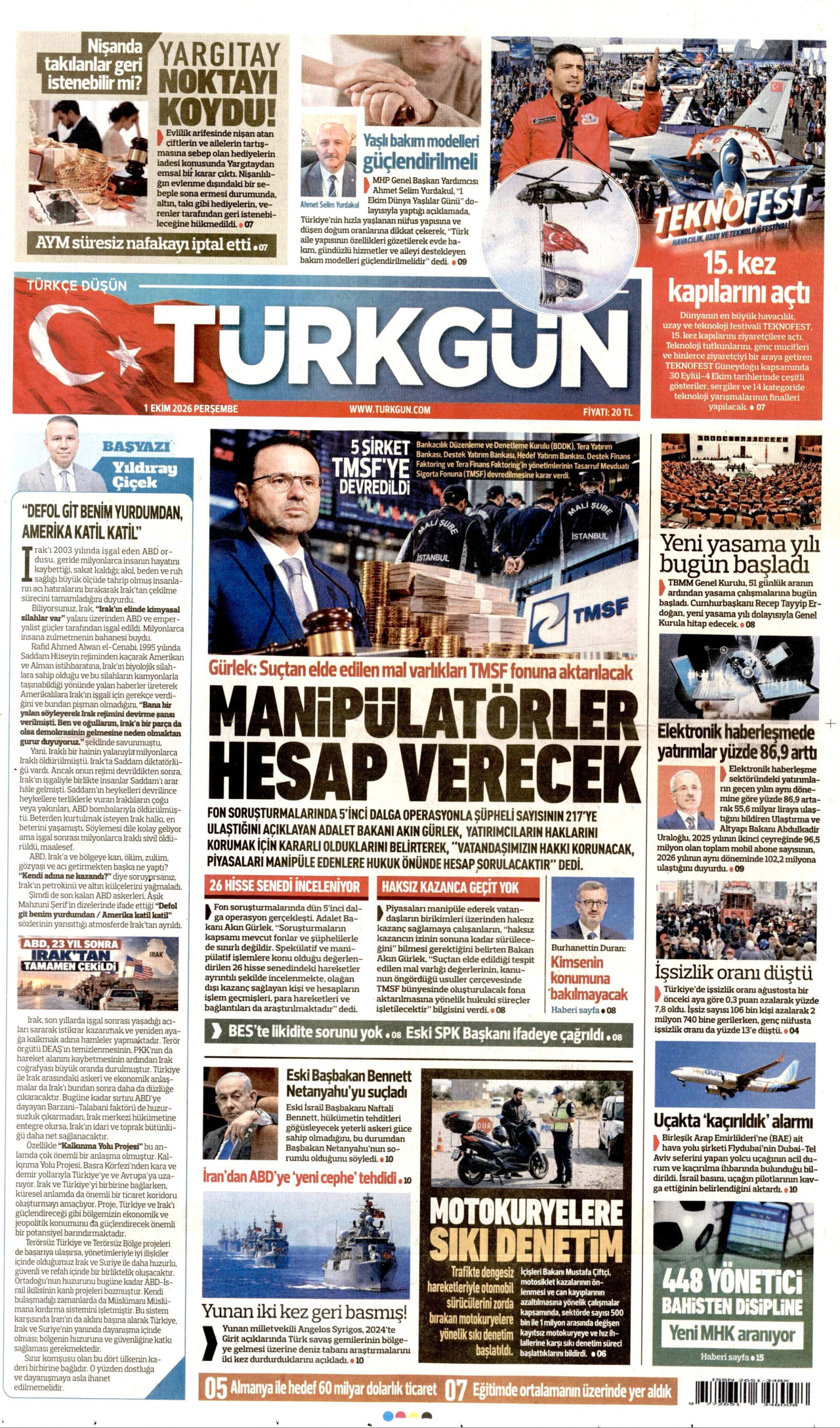 TÜRKGÜN gazetesinin 1 Ekim 2026 tarihli birinci sayfası