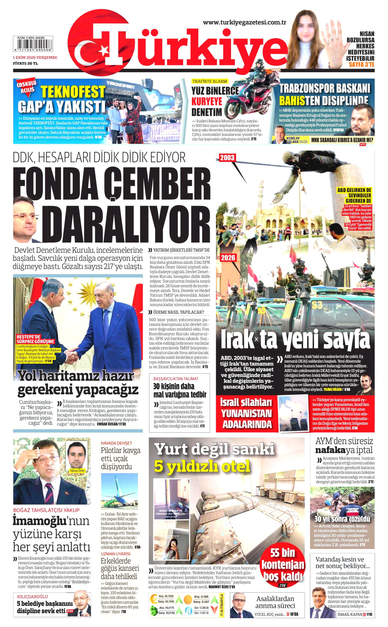 TÜRKİYE GAZETESİ gazetesinin 1 Ekim 2026 tarihli birinci sayfası