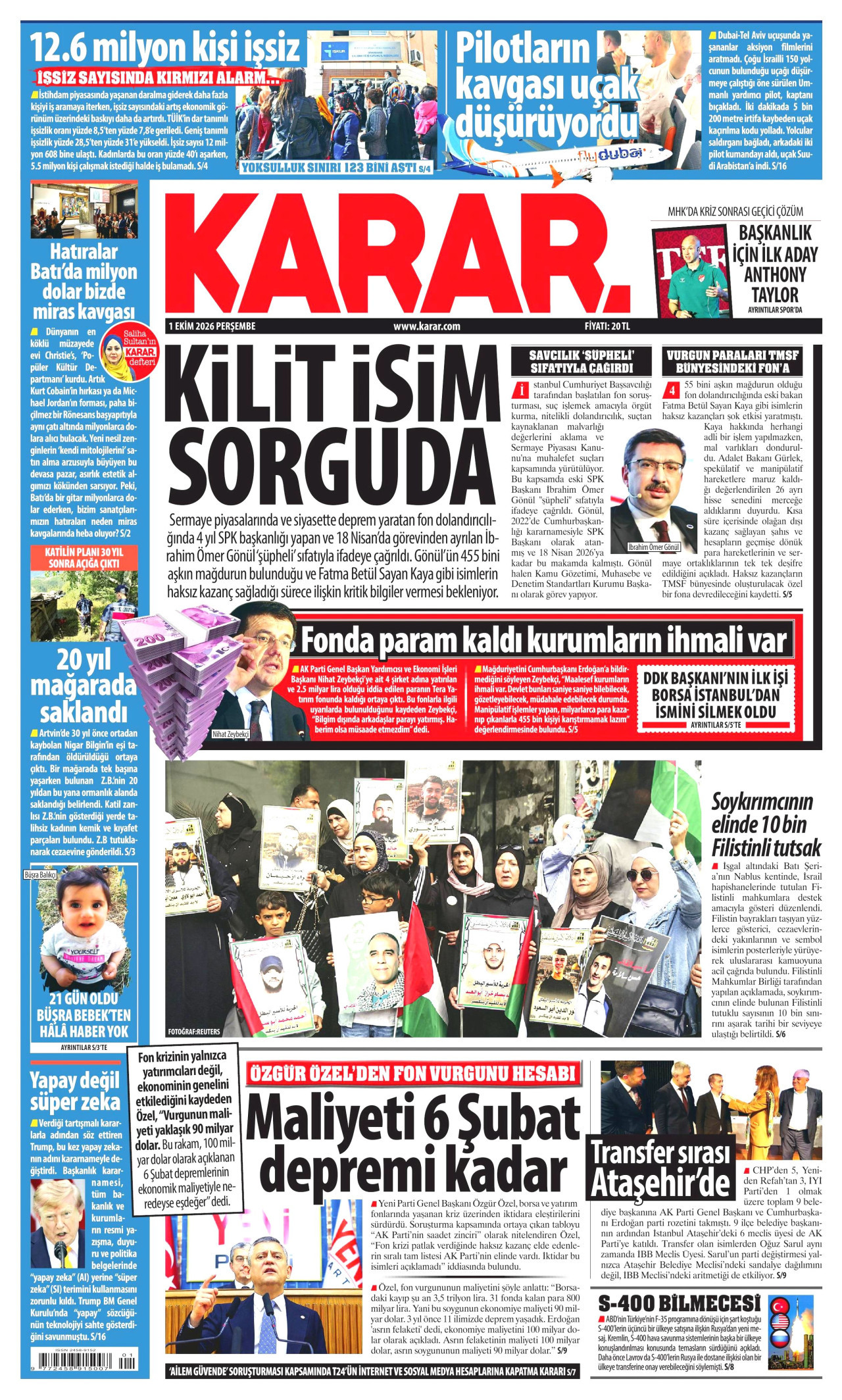 KARAR gazetesinin 1 Ekim 2026 tarihli birinci sayfası