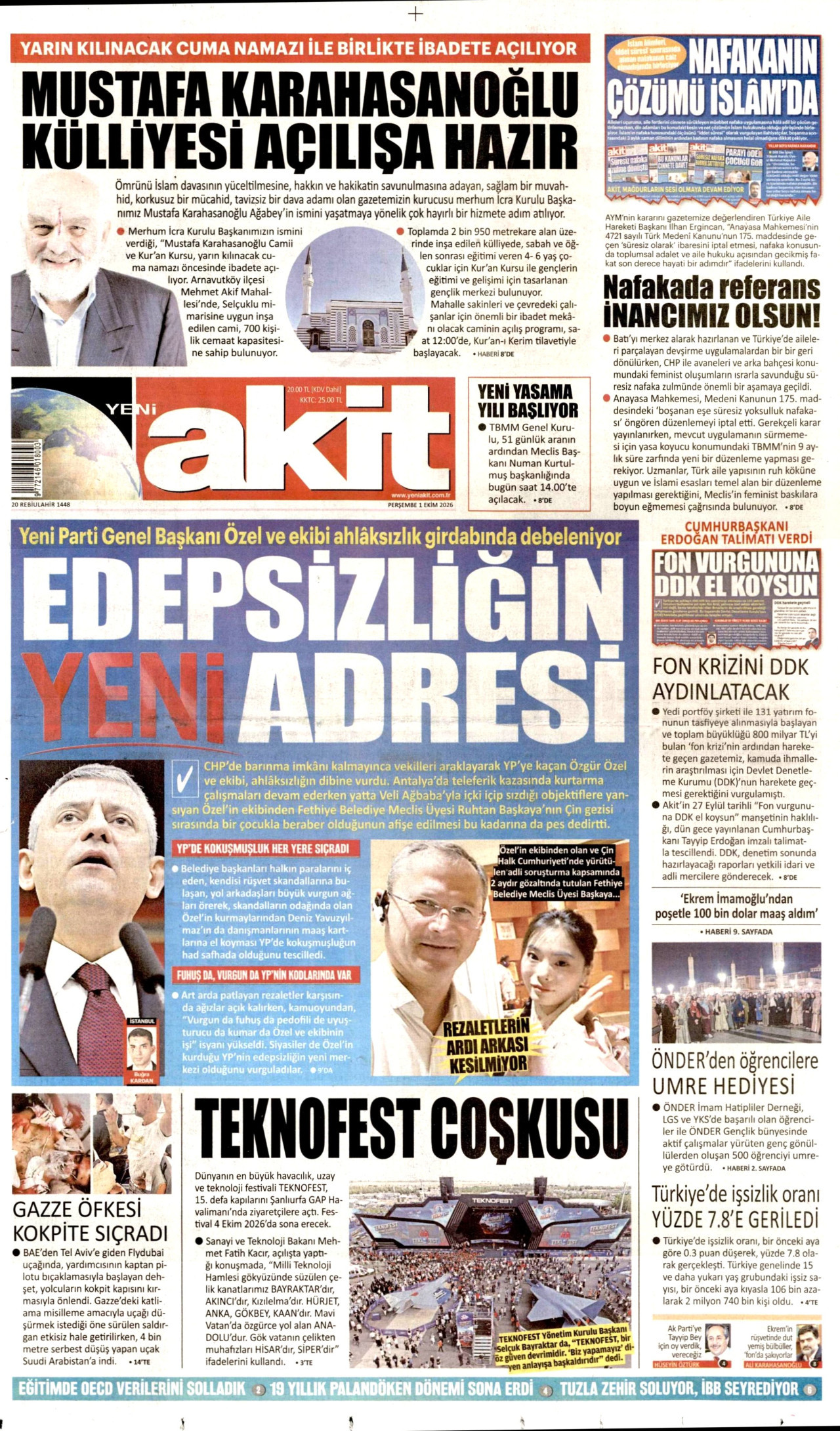 YENİ AKİT gazetesinin 1 Ekim 2026 tarihli birinci sayfası