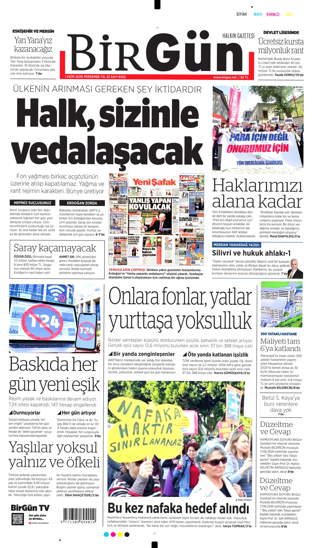 BİRGÜN gazetesinin 1 Ekim 2026 tarihli birinci sayfası