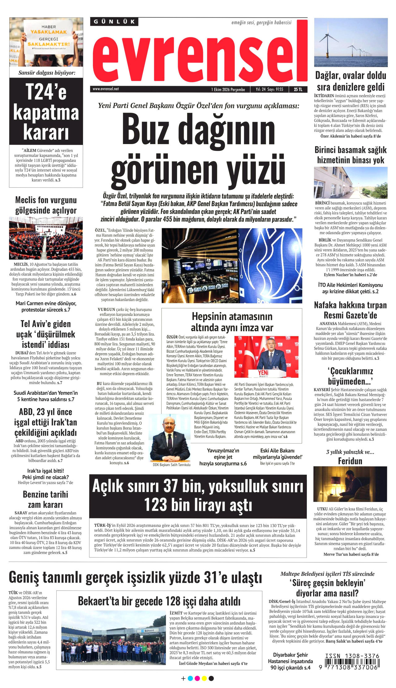 EVRENSEL gazetesinin 1 Ekim 2026 tarihli birinci sayfası