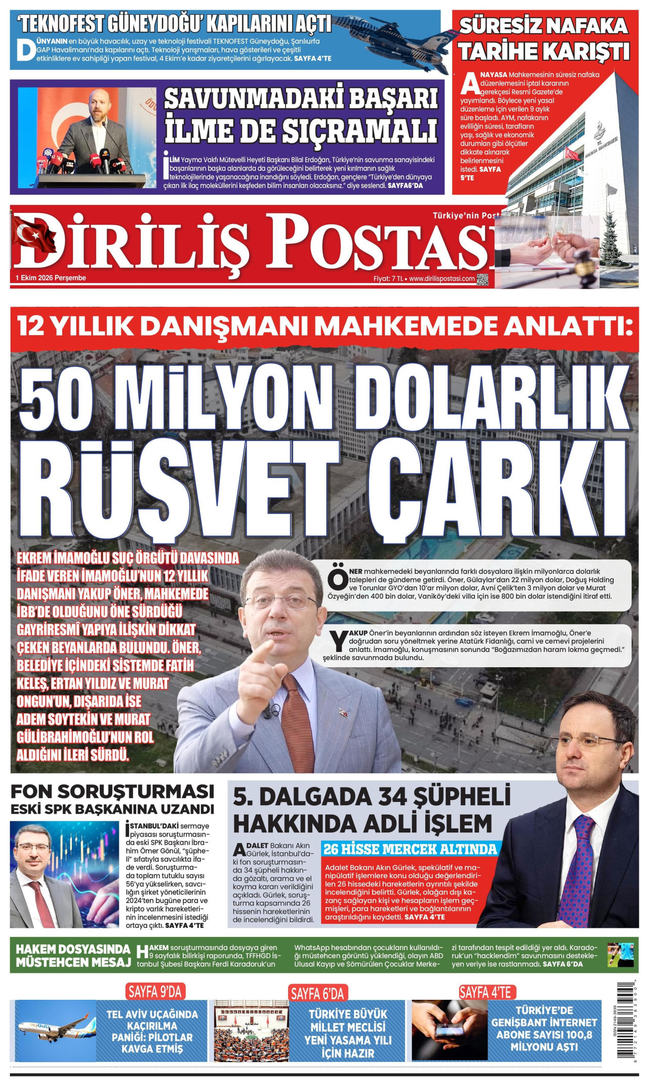 DİRİLİŞ POSTASI gazetesinin 1 Ekim 2026 tarihli birinci sayfası