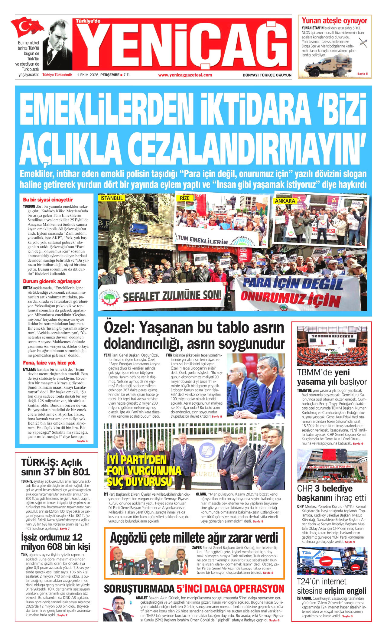 YENİÇAĞ gazetesinin 1 Ekim 2026 tarihli birinci sayfası