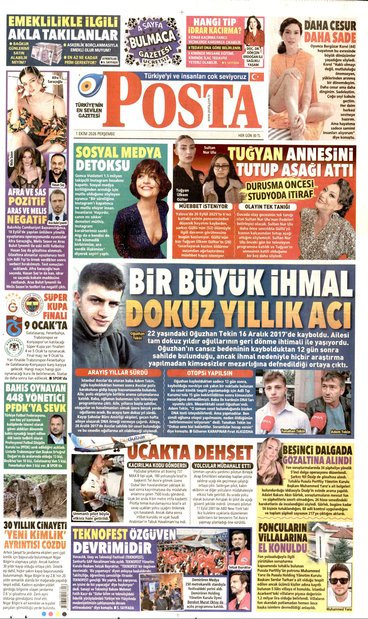 POSTA gazetesinin 1 Ekim 2026 tarihli birinci sayfası