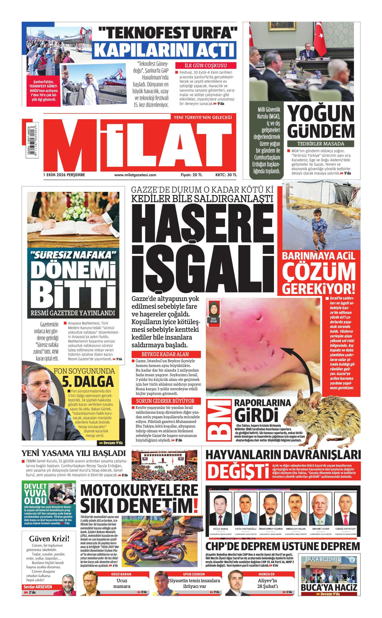 MİLAT gazetesinin 1 Ekim 2026 tarihli birinci sayfası