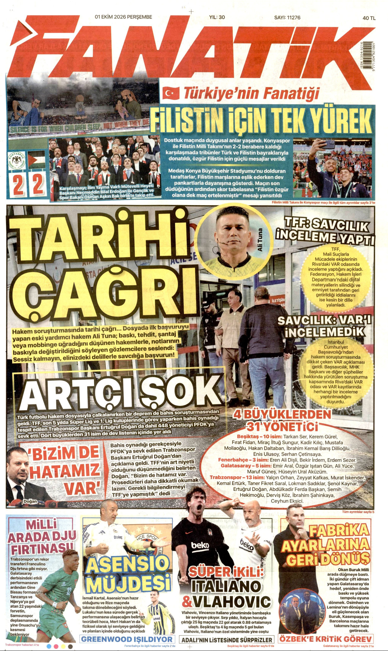 FANATİK gazetesinin 1 Ekim 2026 tarihli birinci sayfası