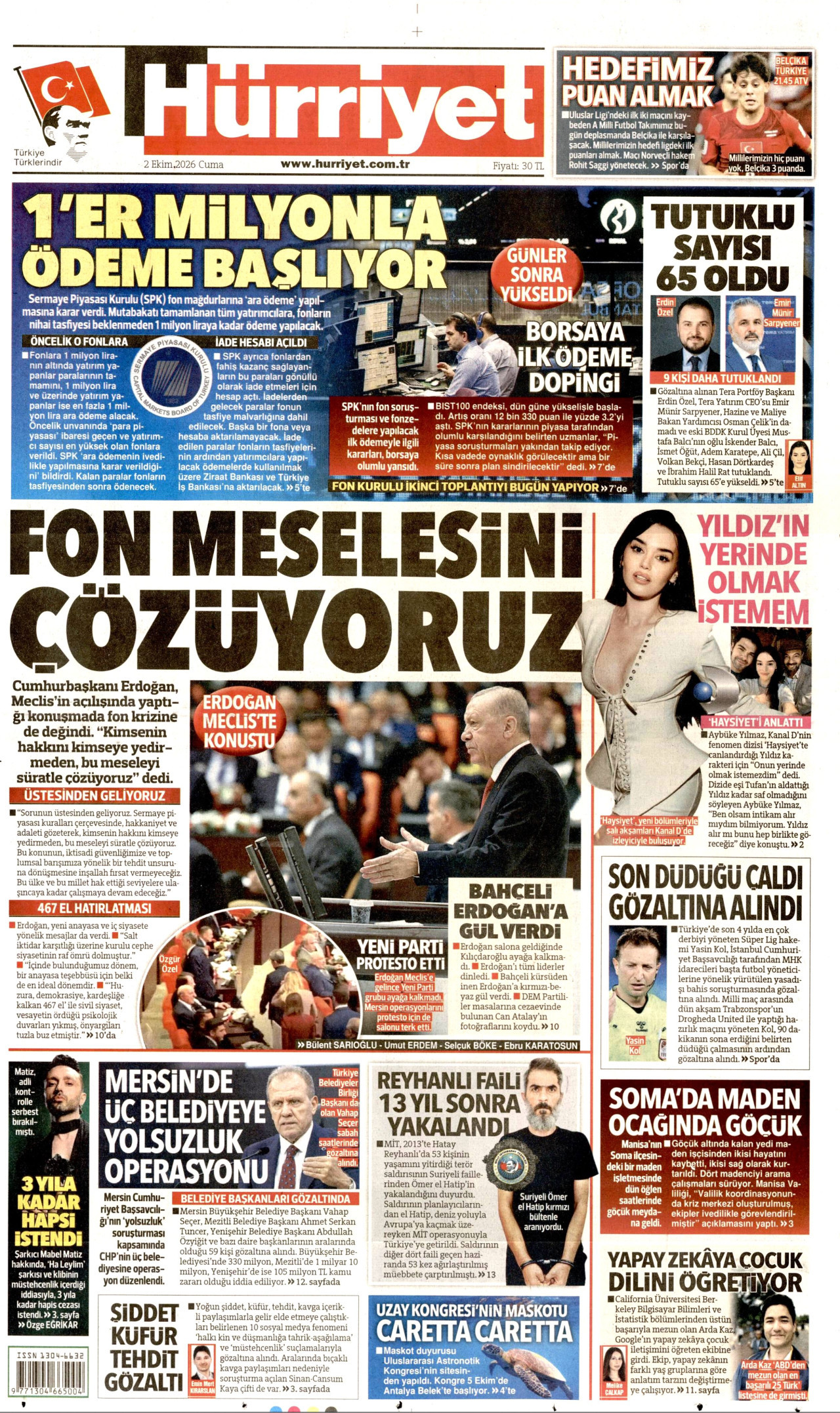HÜRRİYET gazetesinin 2 Ekim 2026 tarihli birinci sayfası