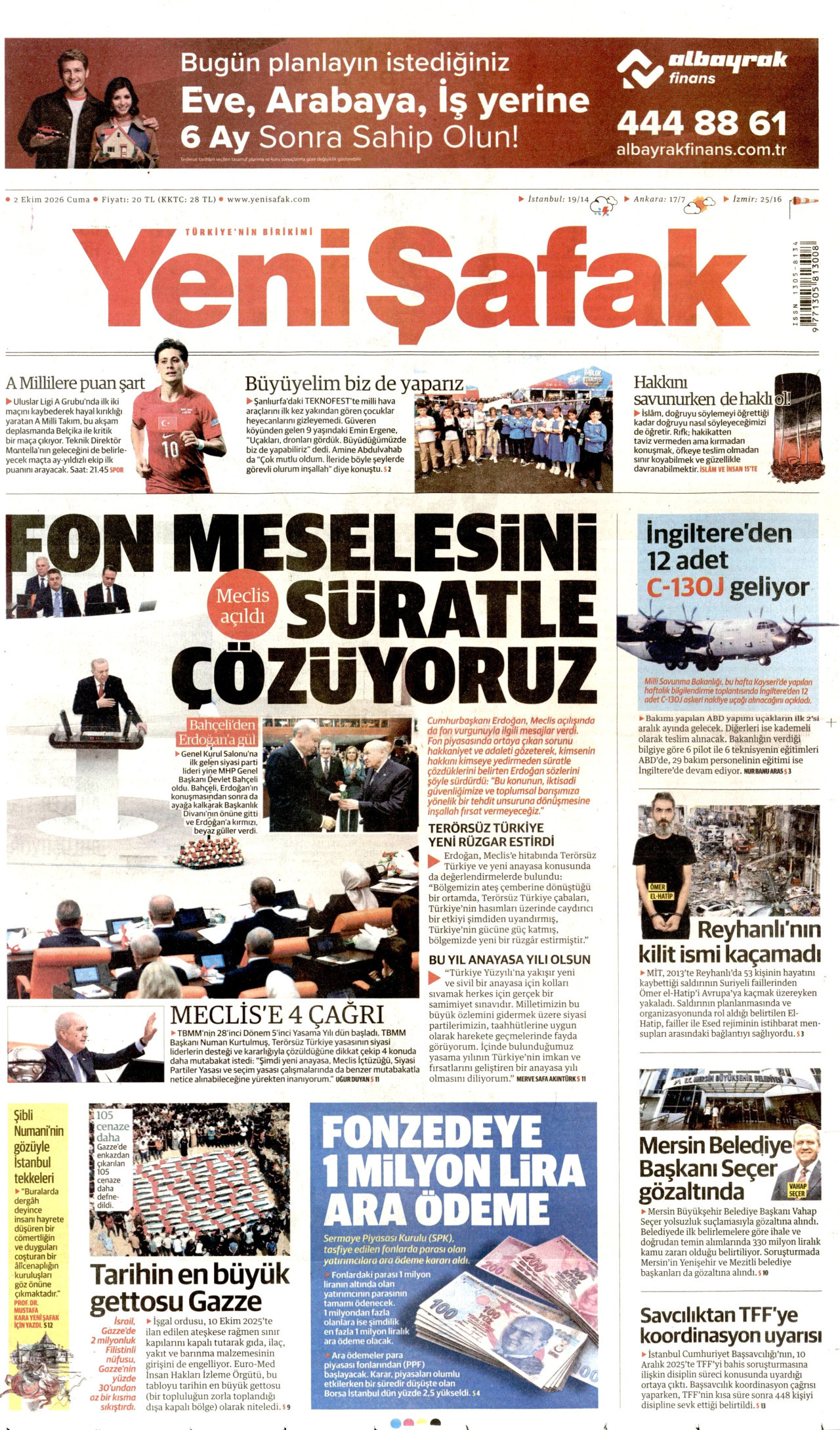 YENİ ŞAFAK gazetesinin 2 Ekim 2026 tarihli birinci sayfası