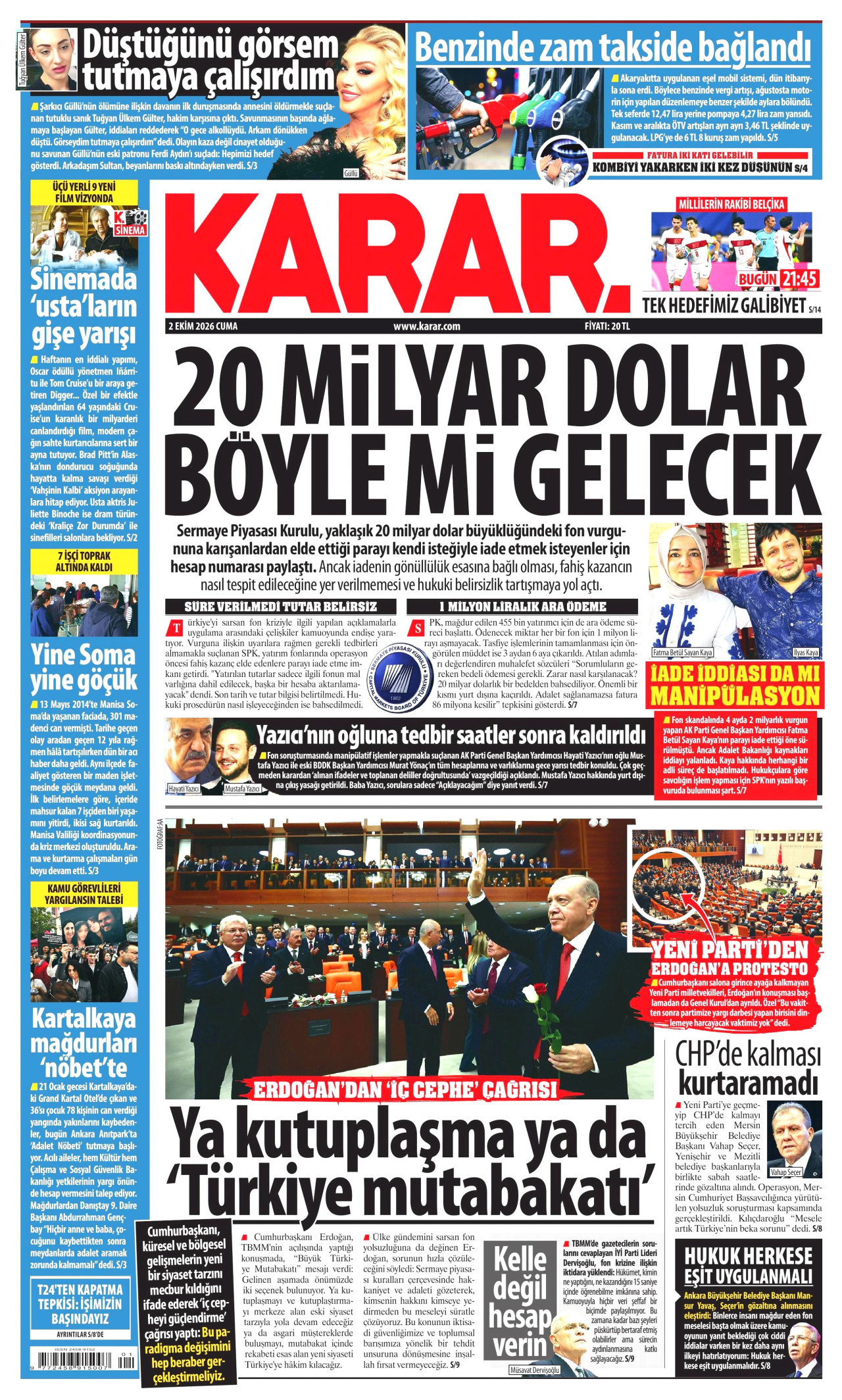 KARAR gazetesinin 2 Ekim 2026 tarihli birinci sayfası