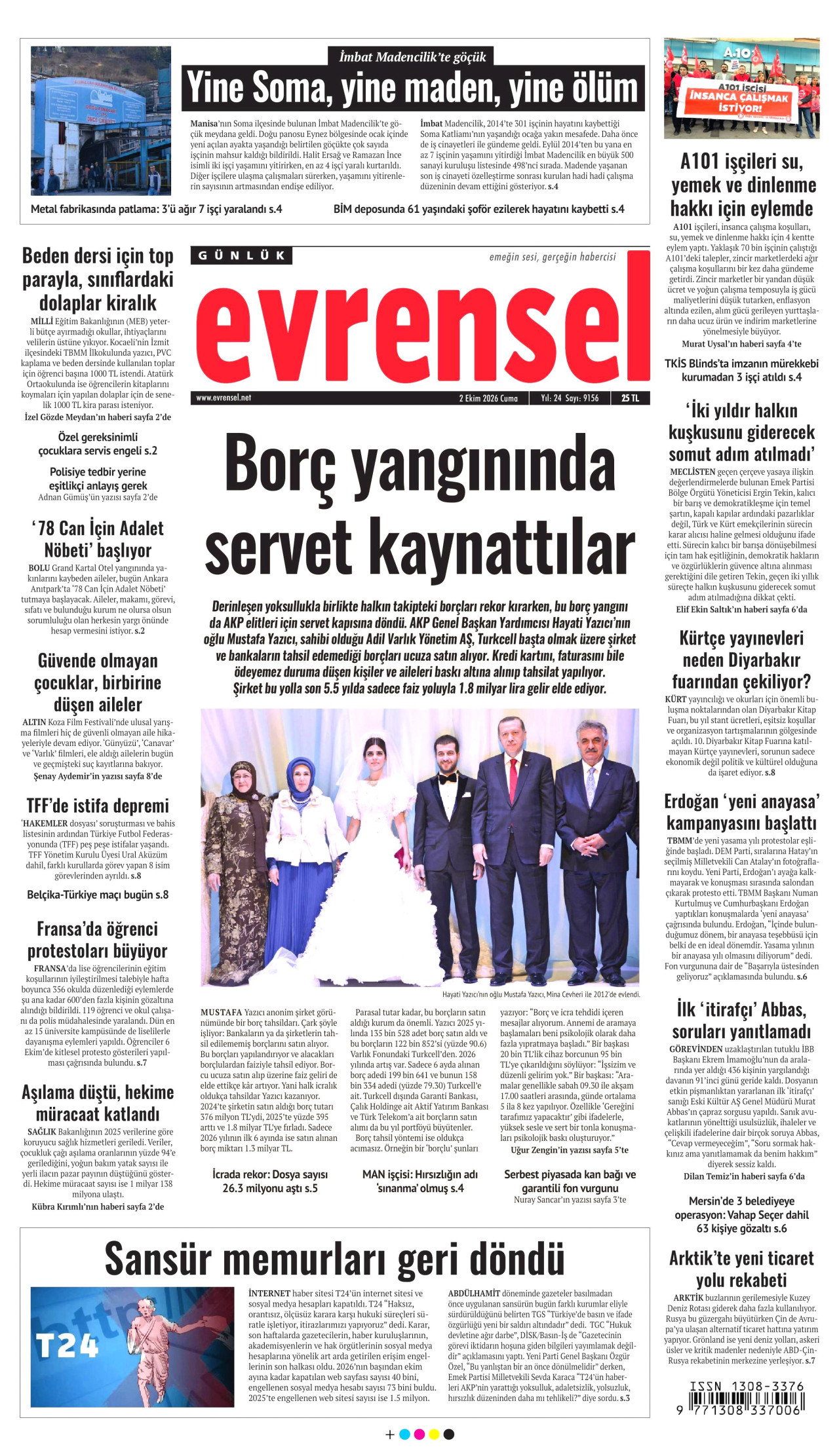 EVRENSEL gazetesinin 2 Ekim 2026 tarihli birinci sayfası