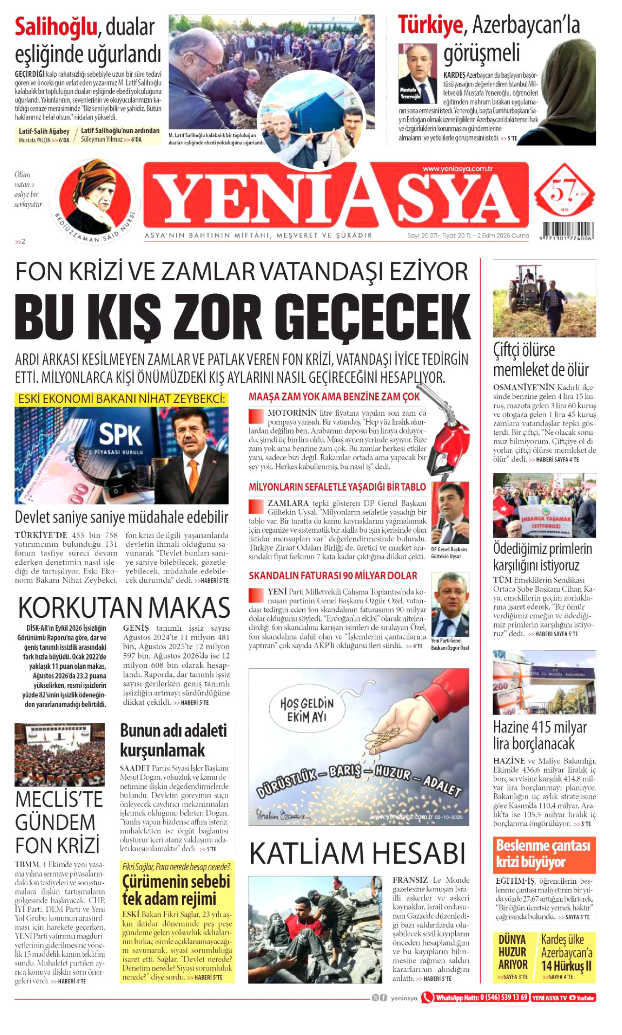 YENİ ASYA gazetesinin 2 Ekim 2026 tarihli birinci sayfası