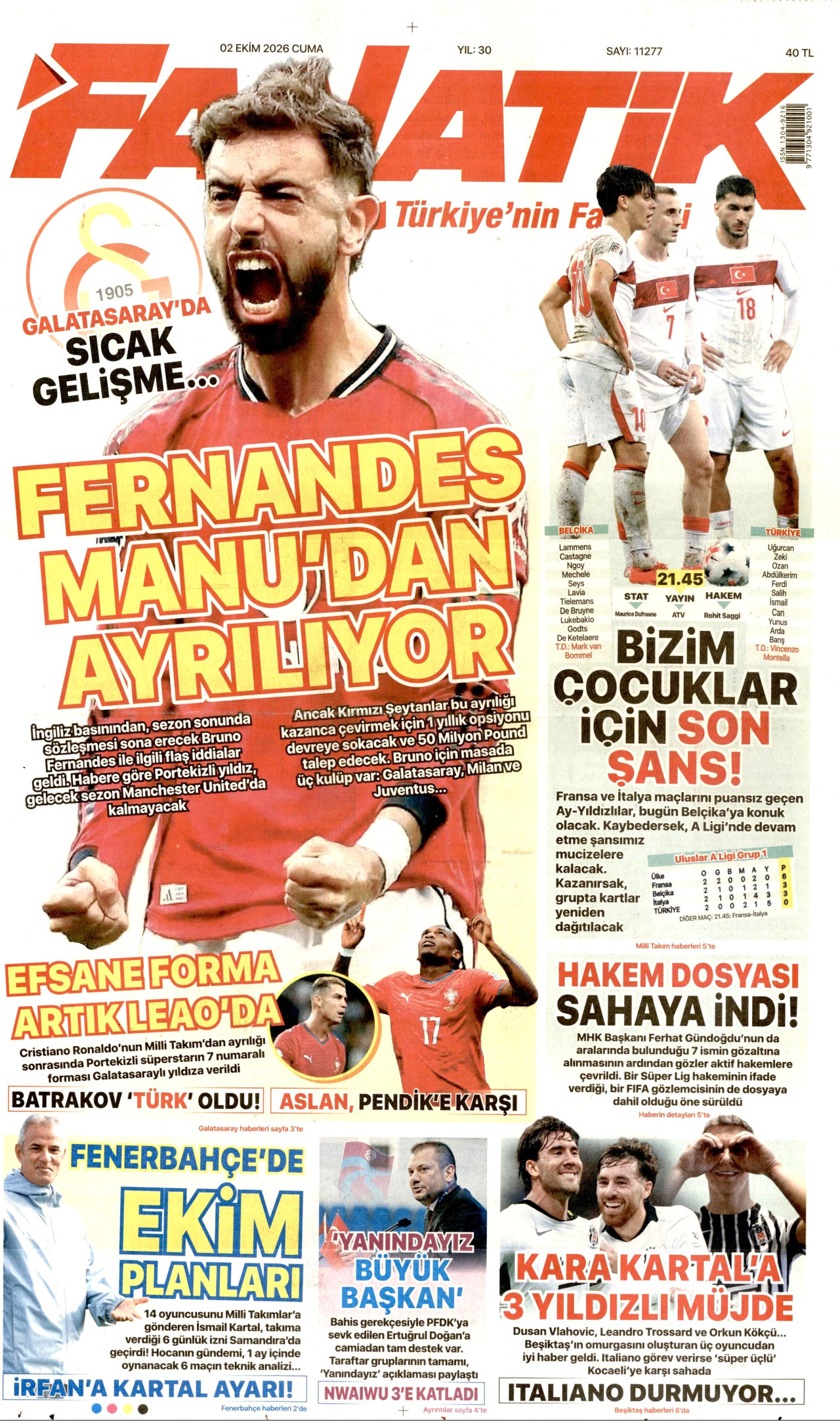 FANATİK gazetesinin 2 Ekim 2026 tarihli birinci sayfası