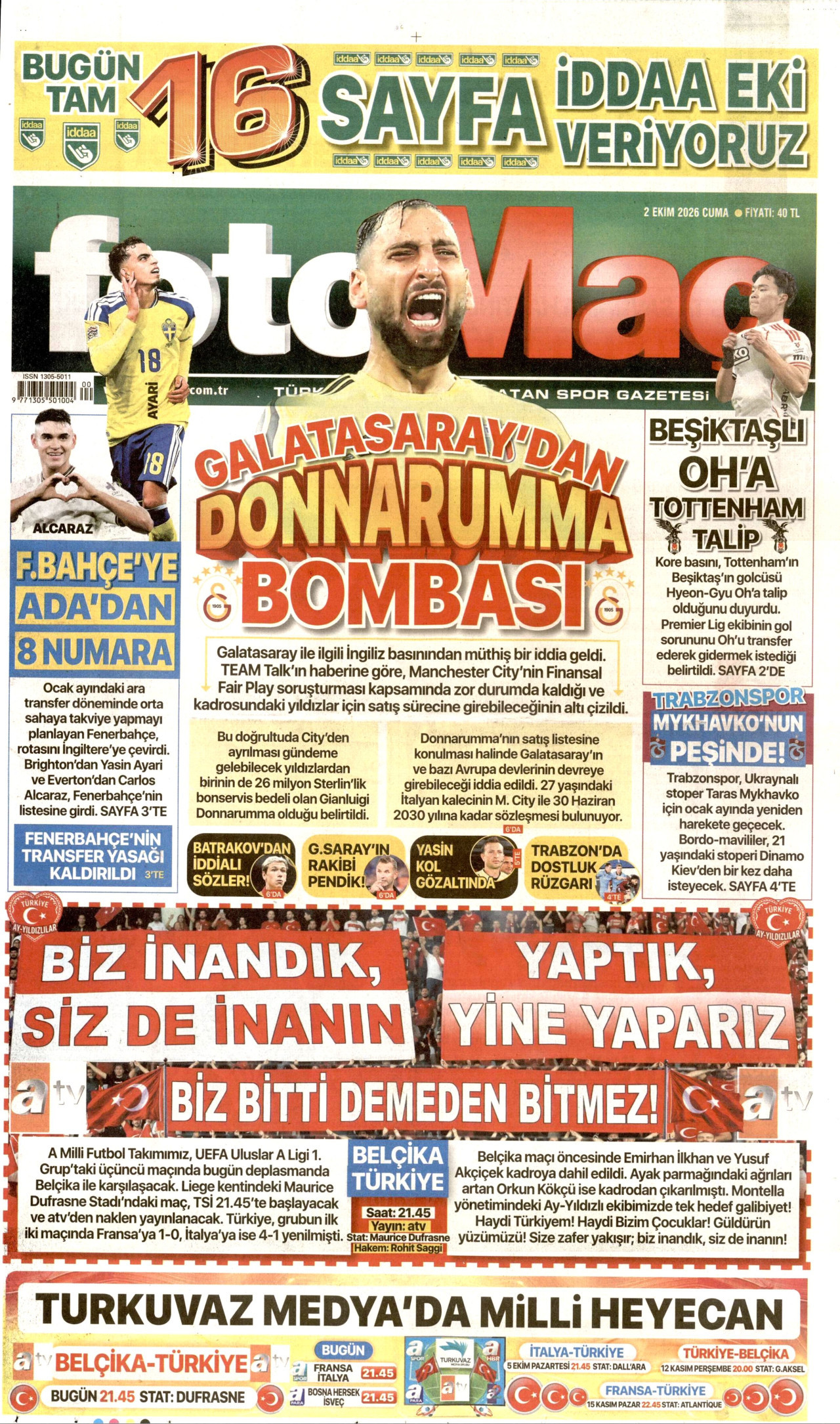 FOTOMAÇ gazetesinin 2 Ekim 2026 tarihli birinci sayfası