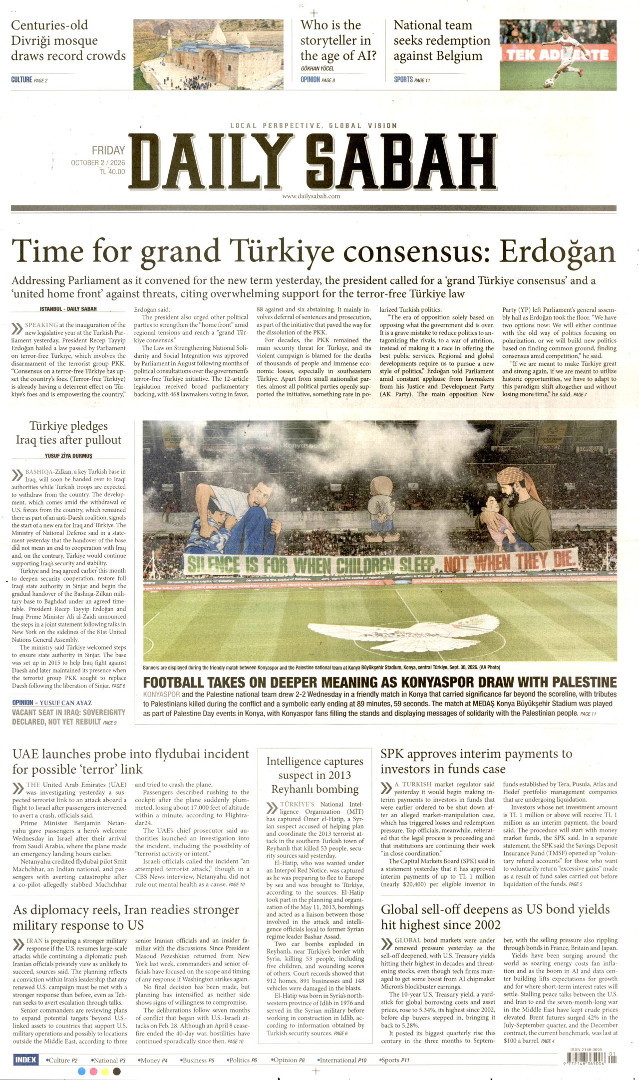 DAİLY SABAH gazetesinin 2 Ekim 2026 tarihli birinci sayfası